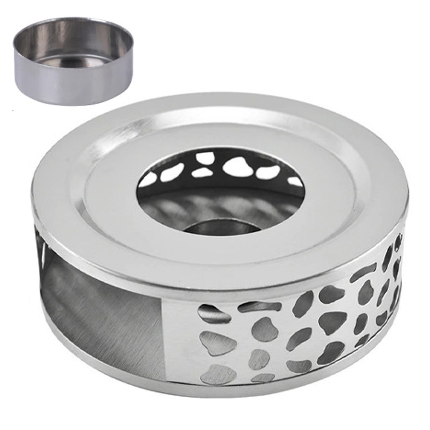 Calentador de té de acero inoxidable con portavelas de metal plateado