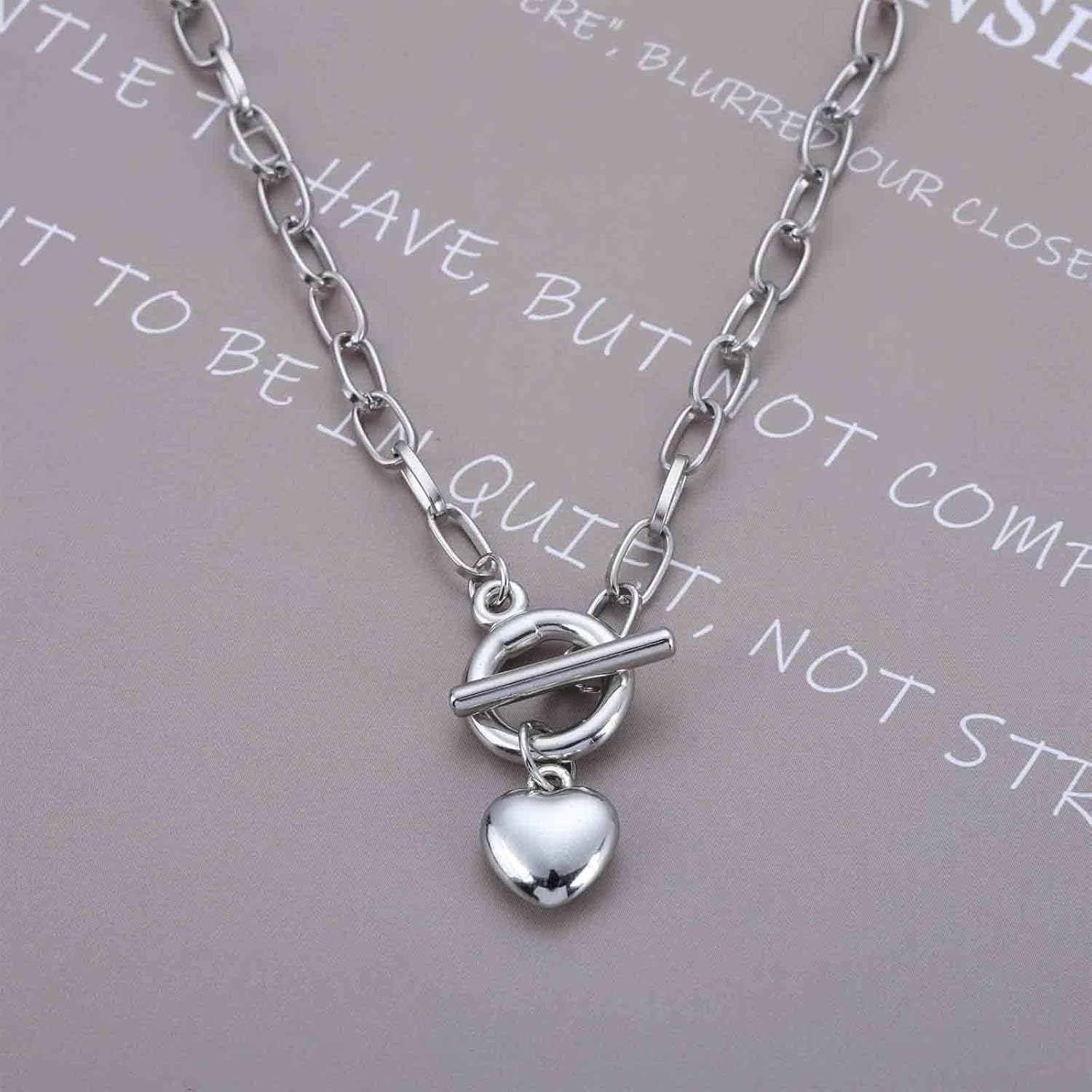 Vintage Puffed Heart Necklace Small Heart Chain Necklace Silver Paperclip Choker Paperclip Link Toggle Clasp Chain Choker Jewelry for Women - Image 6