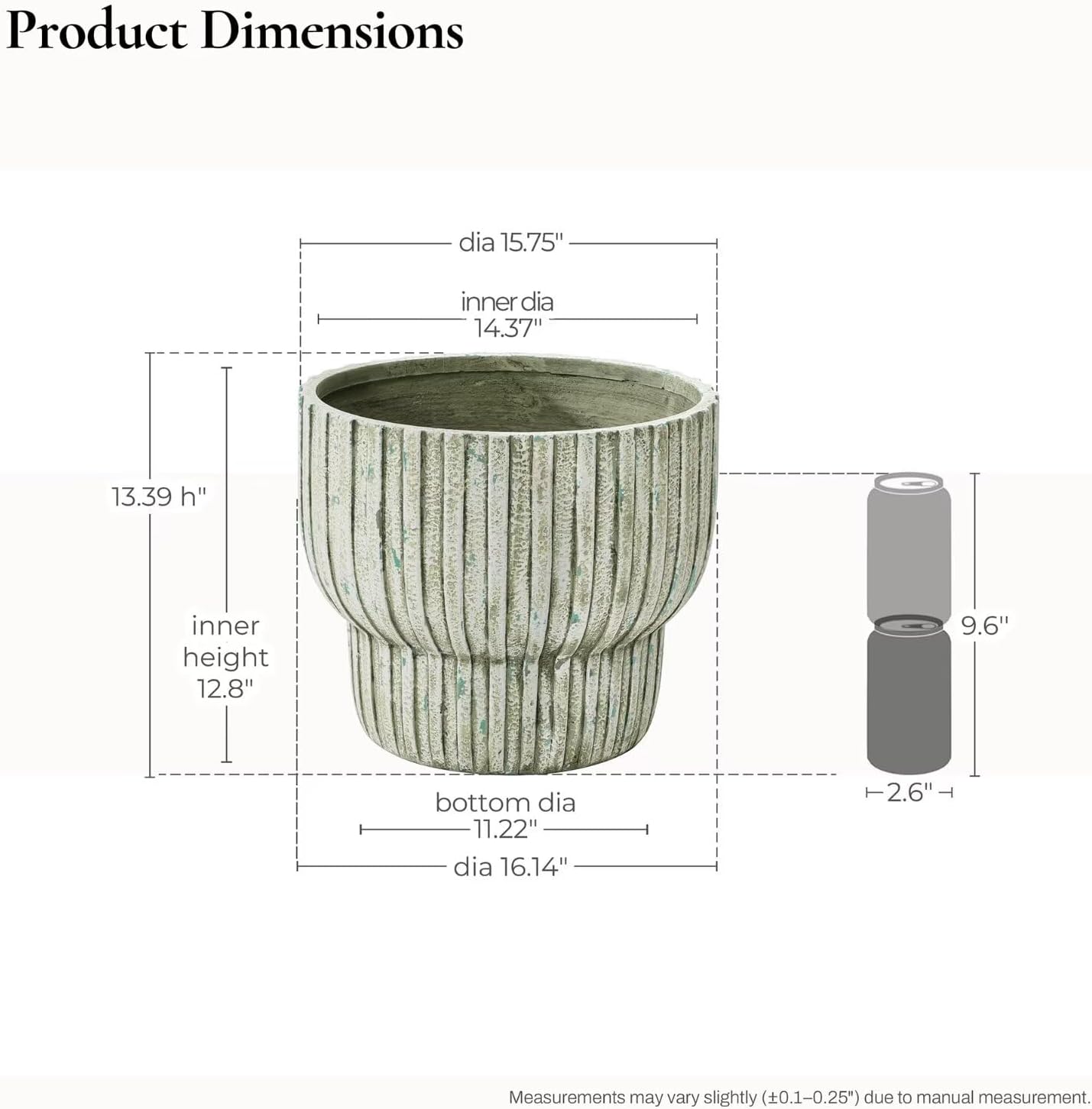 LuxenHome 16" Dia Cement Large Round Planters, Distressed Green and White Indoor Outdoor Plant Pots with Drainage Hole and Rubber Plug, Ribbed Decorative Flower Pot for Home Patio Garden