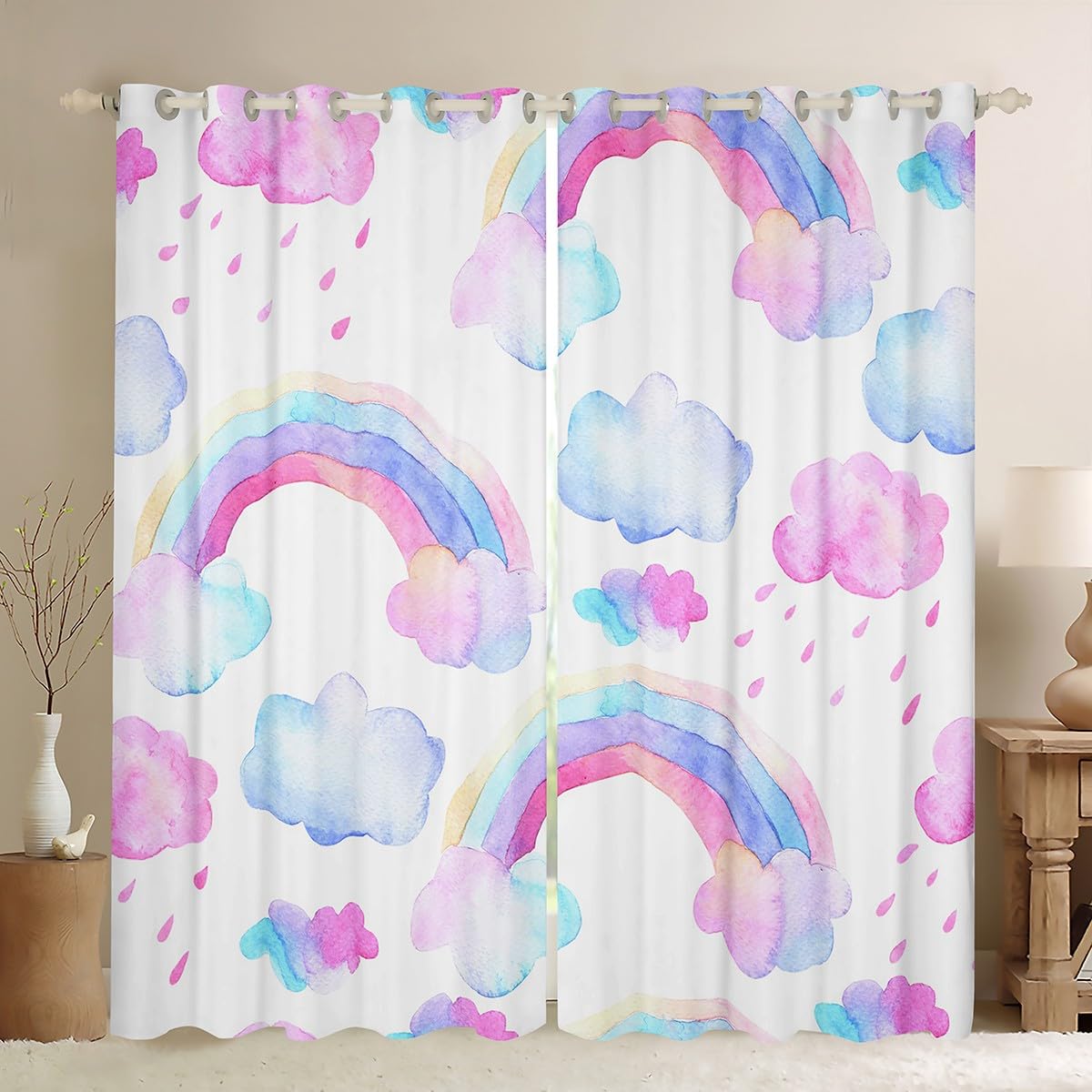 Manfei Rainbow Blackout Curtain Watercolor Rainbow Clouds Rain Window Treatments