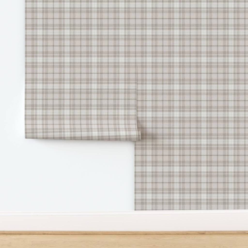 Peel & Stick Wallpaper Swatch - Taupe Neutral Plaid Classic Tartan Khaki Autumn Cozy Rustic Farmhouse Cottage Custom Removable Wallpaper by Spoonflower