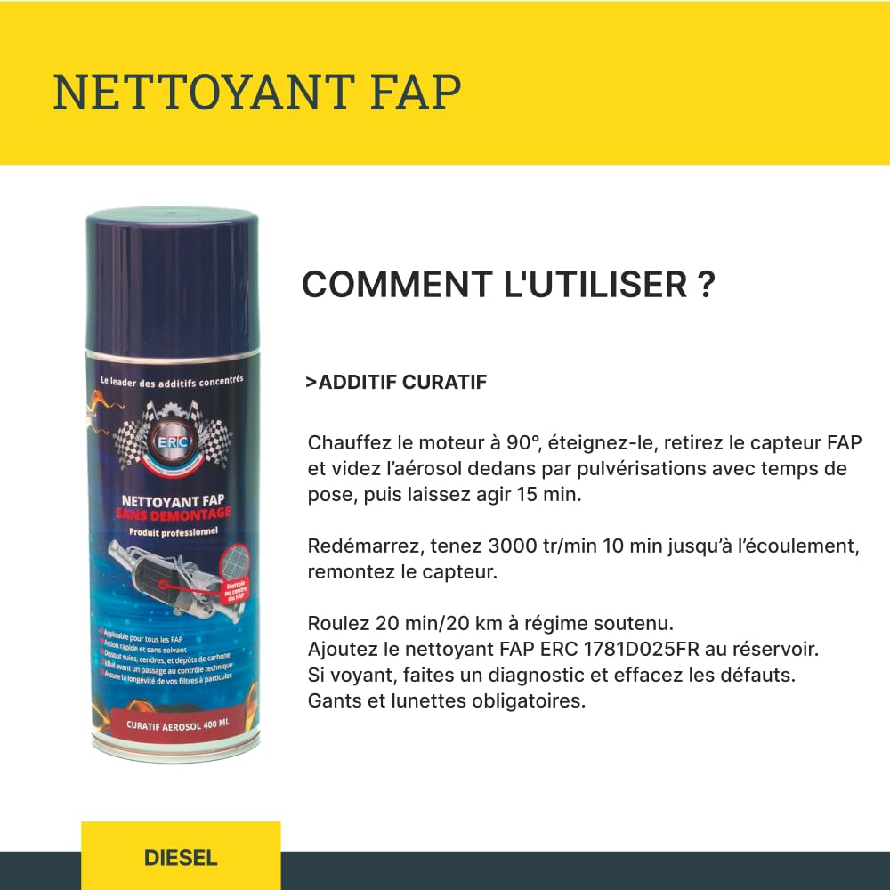 ERC Nettoyant FAP Sans Démontage 400 ml | Nettoyage curatif filtre à particules diesel | Dissout suies et dépôts de carbone | Action rapide sans solvant | Compatible tous FAP