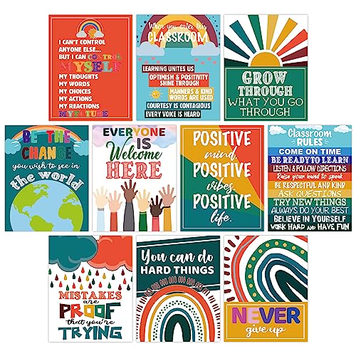 10 Classroom Decorations, Motivational Posters for Classroom, Inspirational and Educational Posters for Teachers, Classroom Rules Wall Decor Poster, Growth Mindset Bulletin Board and Wall Decor for