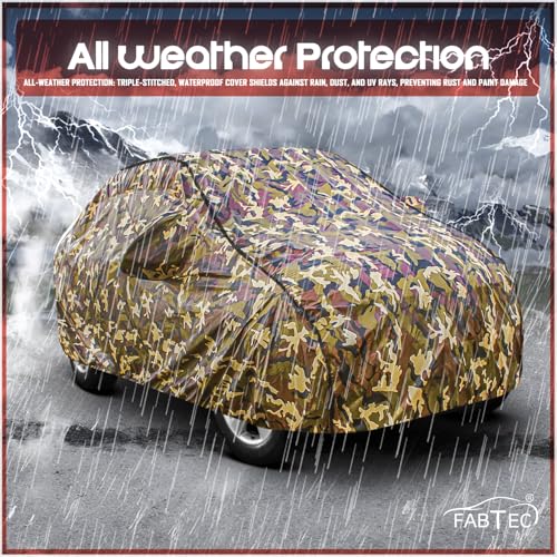 Image of FABTEC Car Body Cover for Kia Carens Jungle Print with Soft Cotton Lining Waterproof Car Cover UV & Rain Protection with Mirror Pocket Bottom Elastic (Military /Camouflage Pattern)