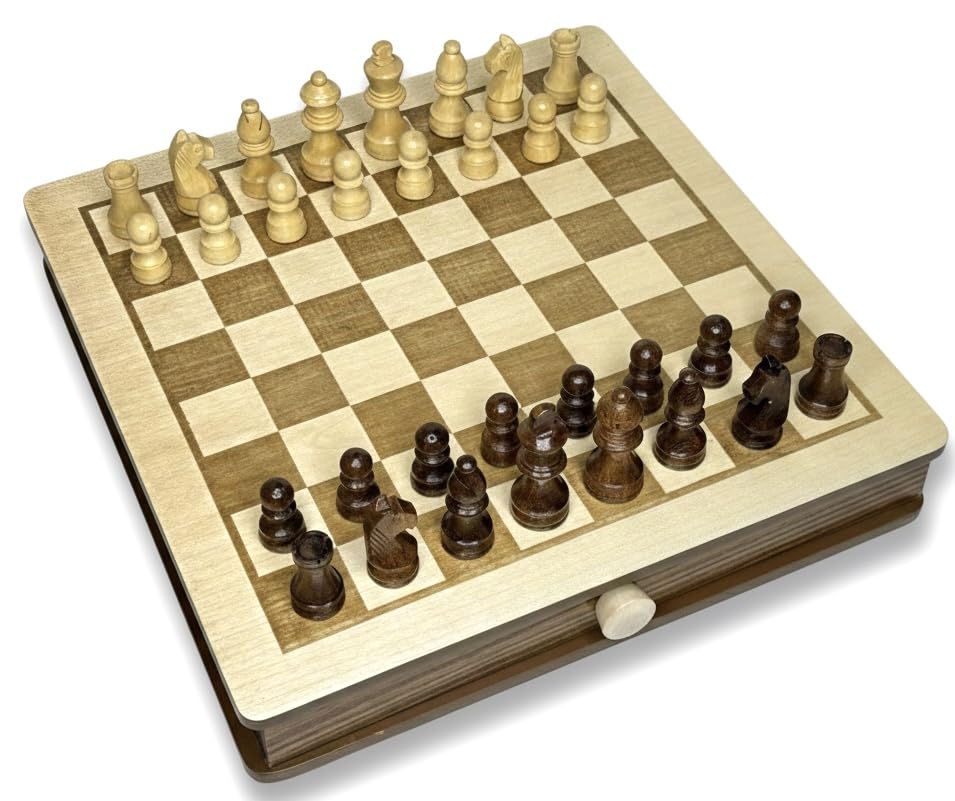 Image of PALM ROYAL HANDICRAFTS 11.5 x 11.5 inches - Engraved Series - Non- Magnetic - Wooden Chess Board Set with Storage Drawers Made with Teak & Maple Veneer Wood.