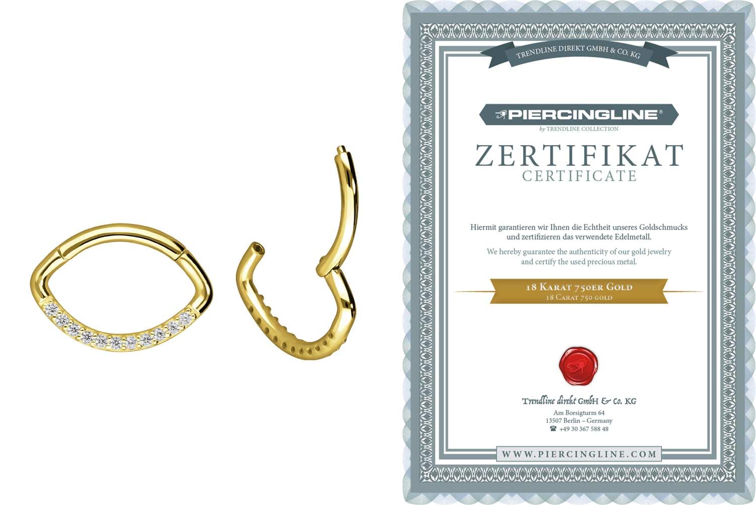 PIERCINGLINE 18 Karat Gold Piercing für Nase Septum Ohr Helix oder Tragus Segmentring Clicker OVAL + EINGEFASSTE KRISTALLE Gelbgold