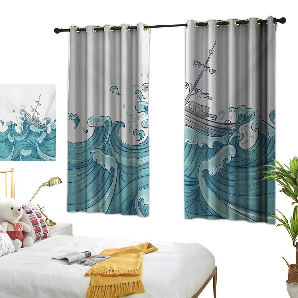 LsWOW Bedroom Curtains W55 x L72 Nautical,Ship Being Tossed by Giant Ocean Waves Aquatic Old Vessel Sea Journey Illustration,Aqua Taupe BedroomRoom Darkening,Blackout Curtains Room/Kid's Room
