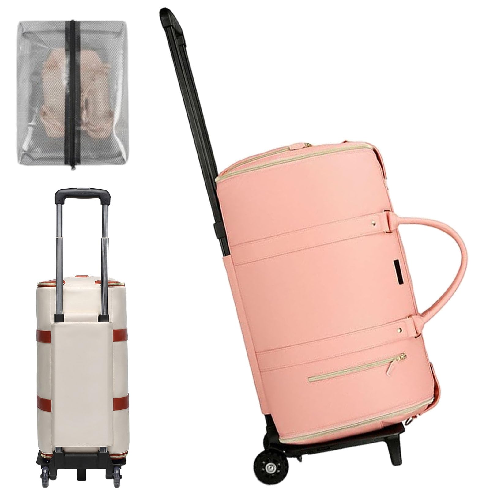 Foldable Travel Bag 2.0, Trendfetchus Foldable Travel Bag with wheels, Carry On Garment Bags With Toiletry Bag Large Weekender Bag for Men Women (Pink