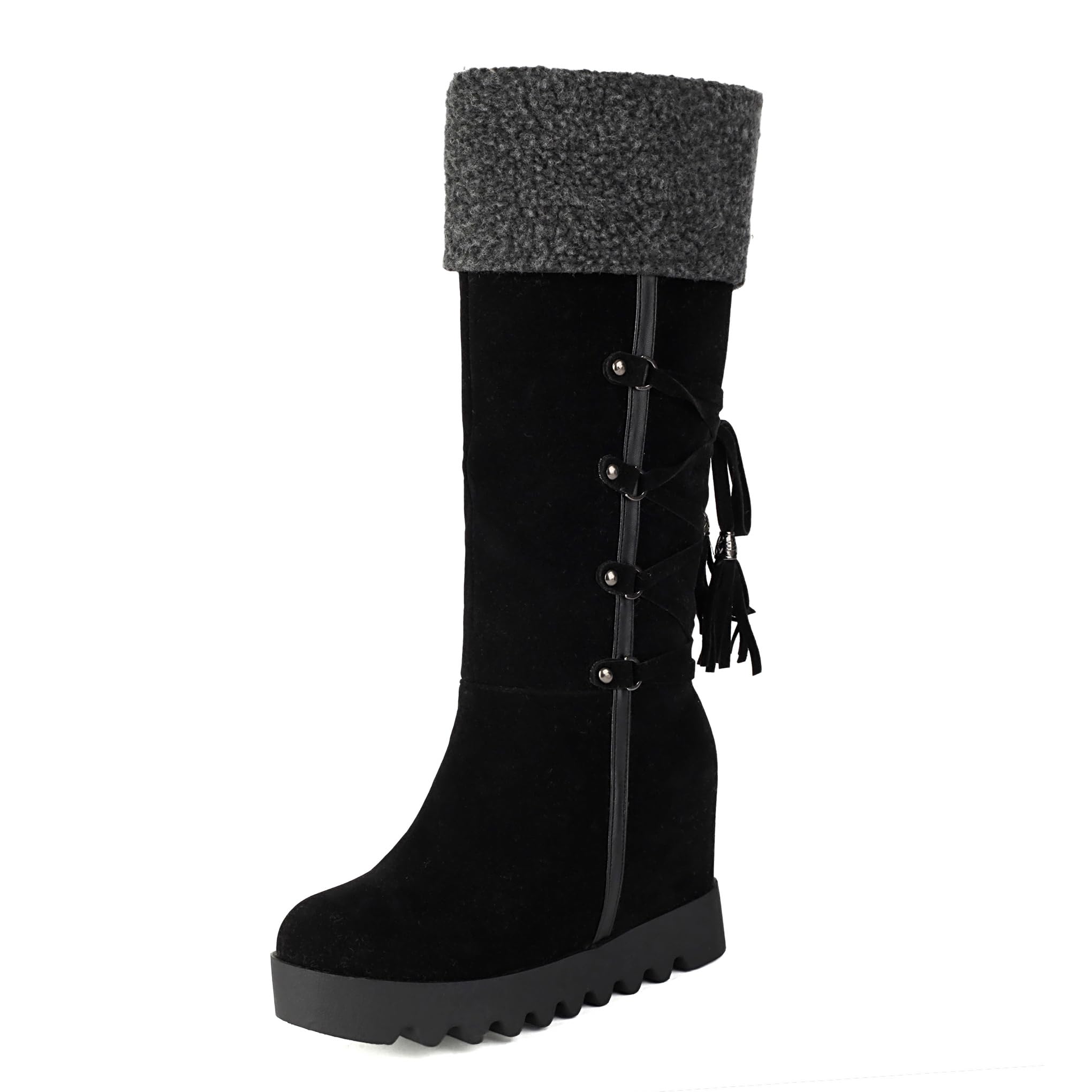 Bviennic Women Mid Calf Boots Wedge High Heel with Platform Winter Round Toe Slip On Winter 2592 Size