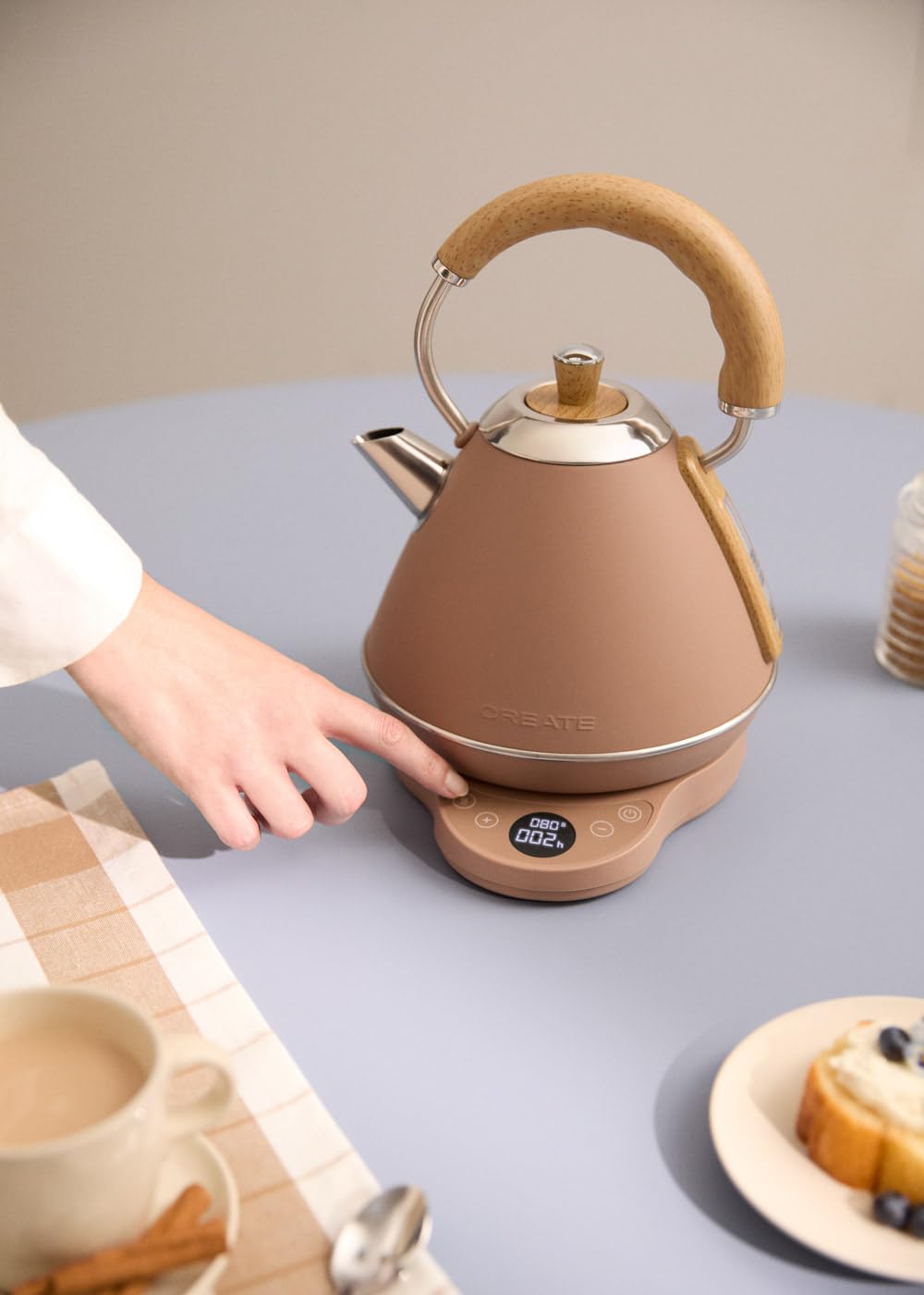CREATE/KETTLE RETRO PRO/Bouilloire électrique 1 L avec contrôle de température moka/Système d’arrêt automatique, ébullition rapide, base antidérapante, panneau transparent, 1200W