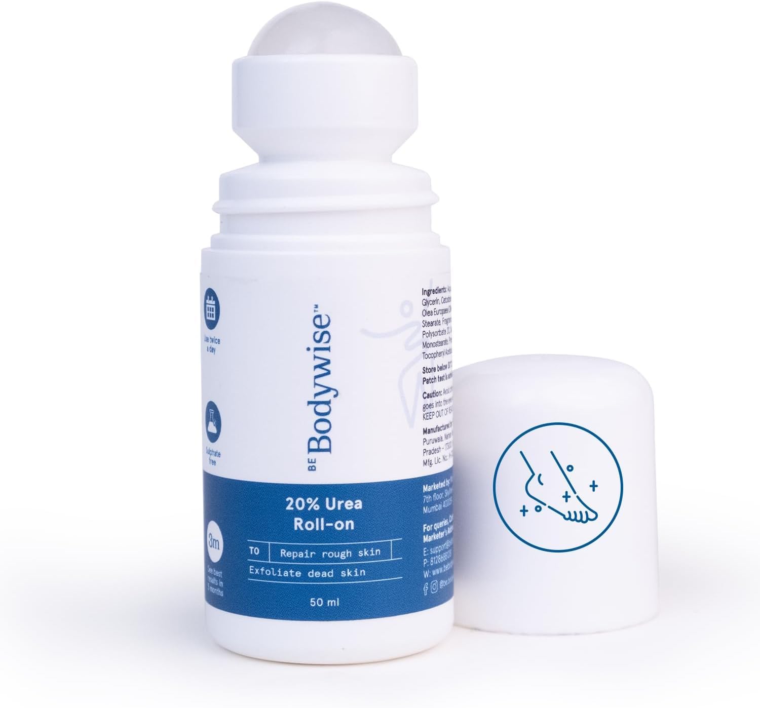 Be Bodywise 20% Urea Foot Cream Roll On 50ml | For Dry & Cracked Heels | With 2% Lactic Acid, Olive Oil & Vitamin E | Helps Repair and Moisturise Cracked Heels
