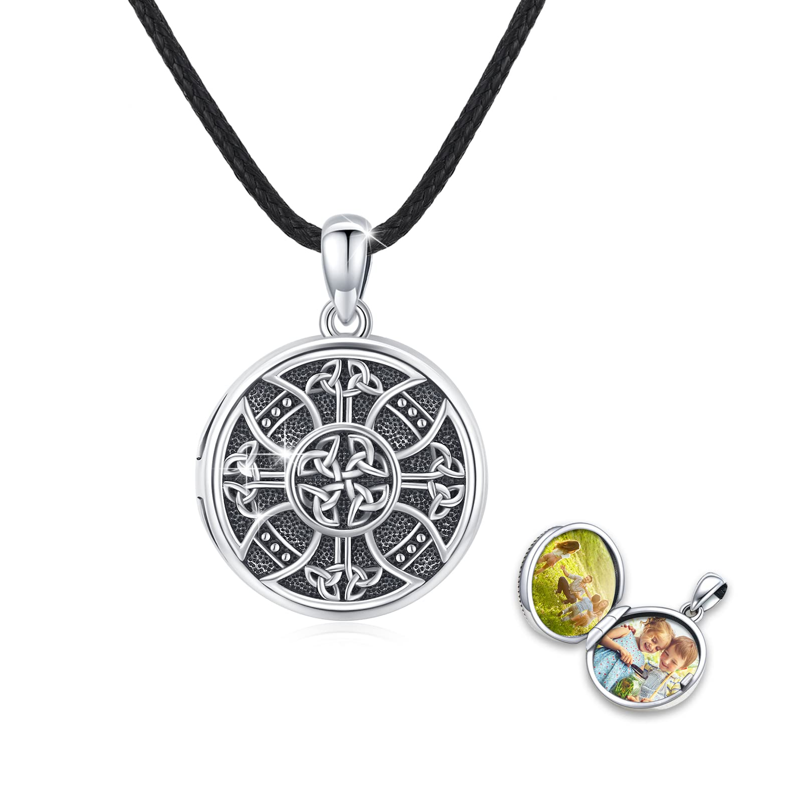 Collar con medallón de nudo celta de plata de ley 925, con cruz de plata de ley 925, medallón de fotos, collar celta que sostiene la imagen, colgante de joyería para mujeres, hombres, hijo, regalo