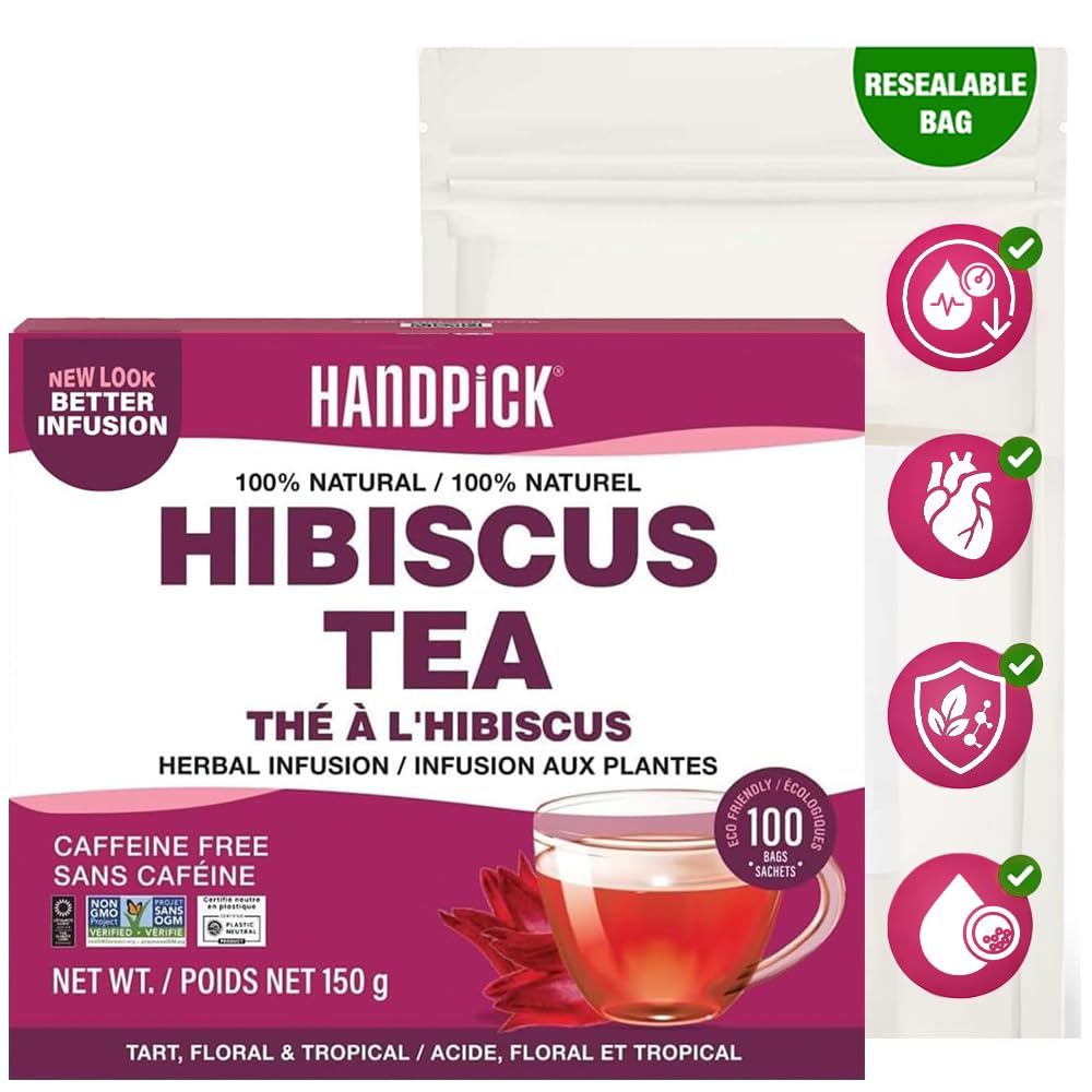 HANDPICK, Hibiscus Tea Bags - 100 Count | Caffeine-Free, Pure Ingredients - Hibiscus Flowers | Brew Hot, Iced Tea or Kombucha Tea | Round Nutritious Herbal Tea Bags