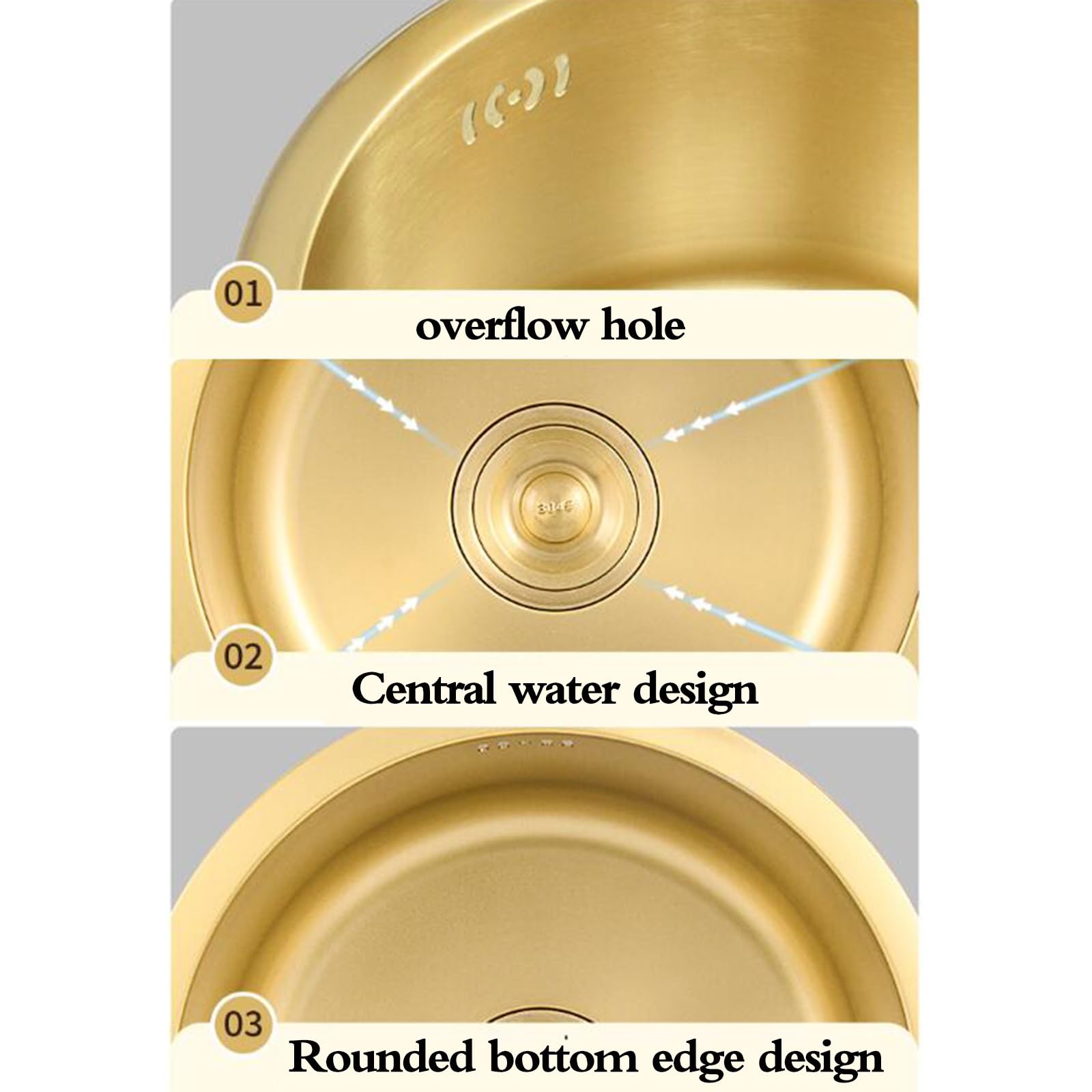 Fregadero Redondo Dorado 32/36/40cm Fregadero Acero Inoxidable Cafetería Estudio Lavabo Verduras Vehículos Recreativos Nueva Decoración Hogar Apartamento Cocina Piscina Agua.(36 * 36 * 19cm)