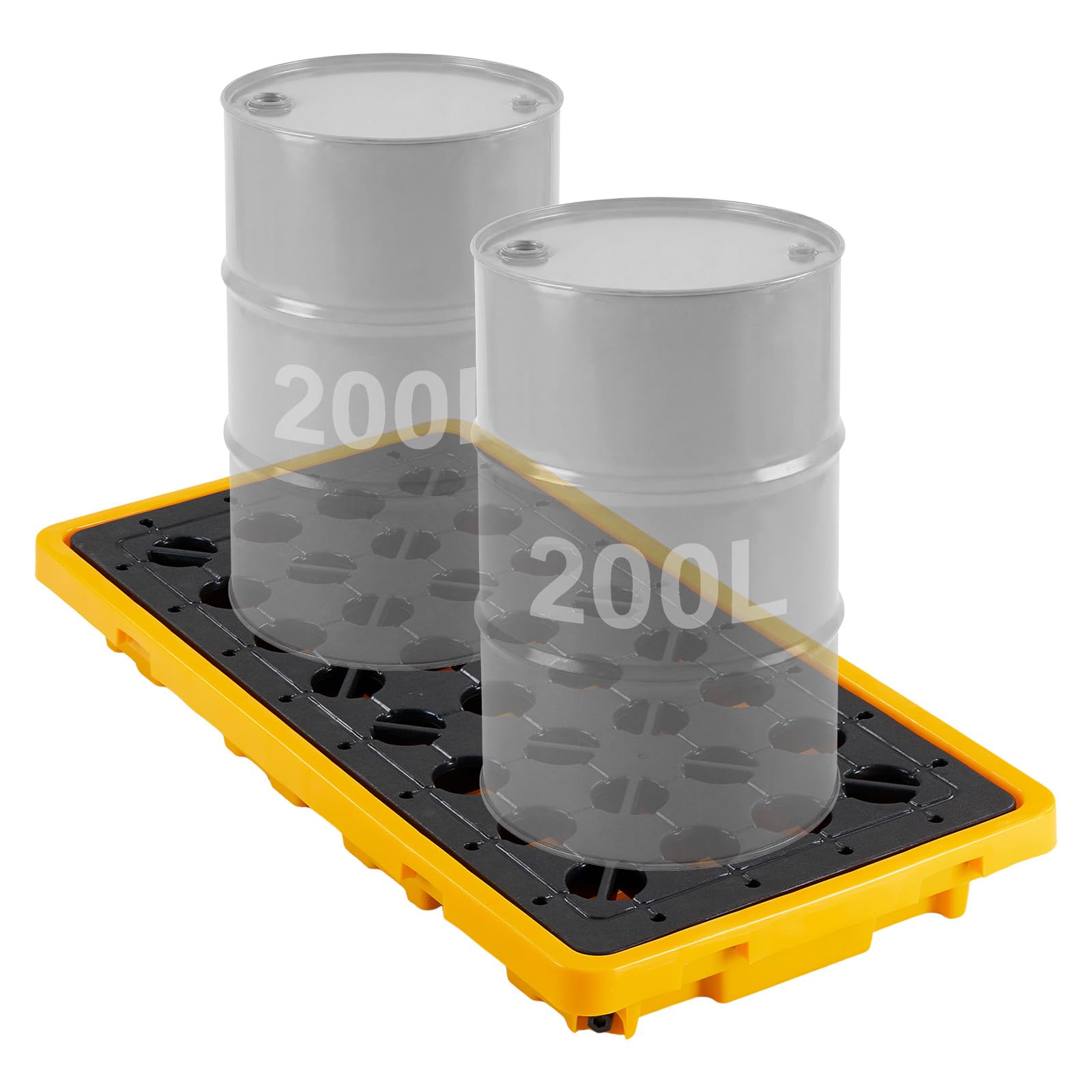 VEVOR Palette de Rétention pour 2 Fûts, Bac de Rétention avec Caillebotis et Drain, Plateforme de Déversement en PEHD à Profil Bas, Capacité 79,5 L, Charge Maximale 2000 kg, 1316x680x150 mm, Jaune