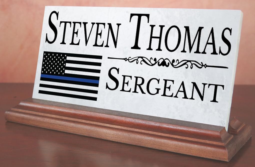 Police Officer Desk Name Plate Gift Custom Thin Blue Line Nameplate For Men or Women in Law Enforcement - For Desk Or Shelf - Solid Marble