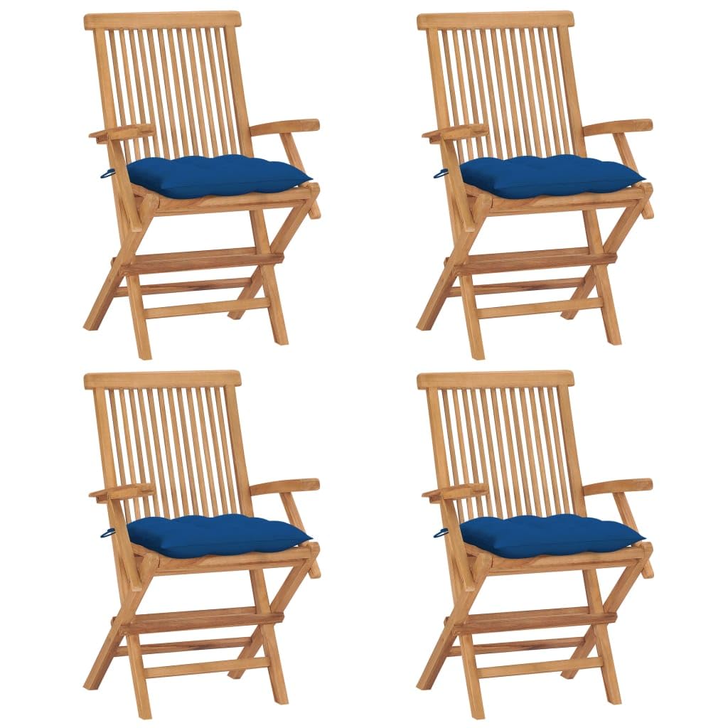 Mobili da giardino in legno massello per terrazzo e giardino: sedie da giardino piegate in legno di teak con imbottitura blu, set di 4 sedie da giardino in teak con cuscino confortevole,