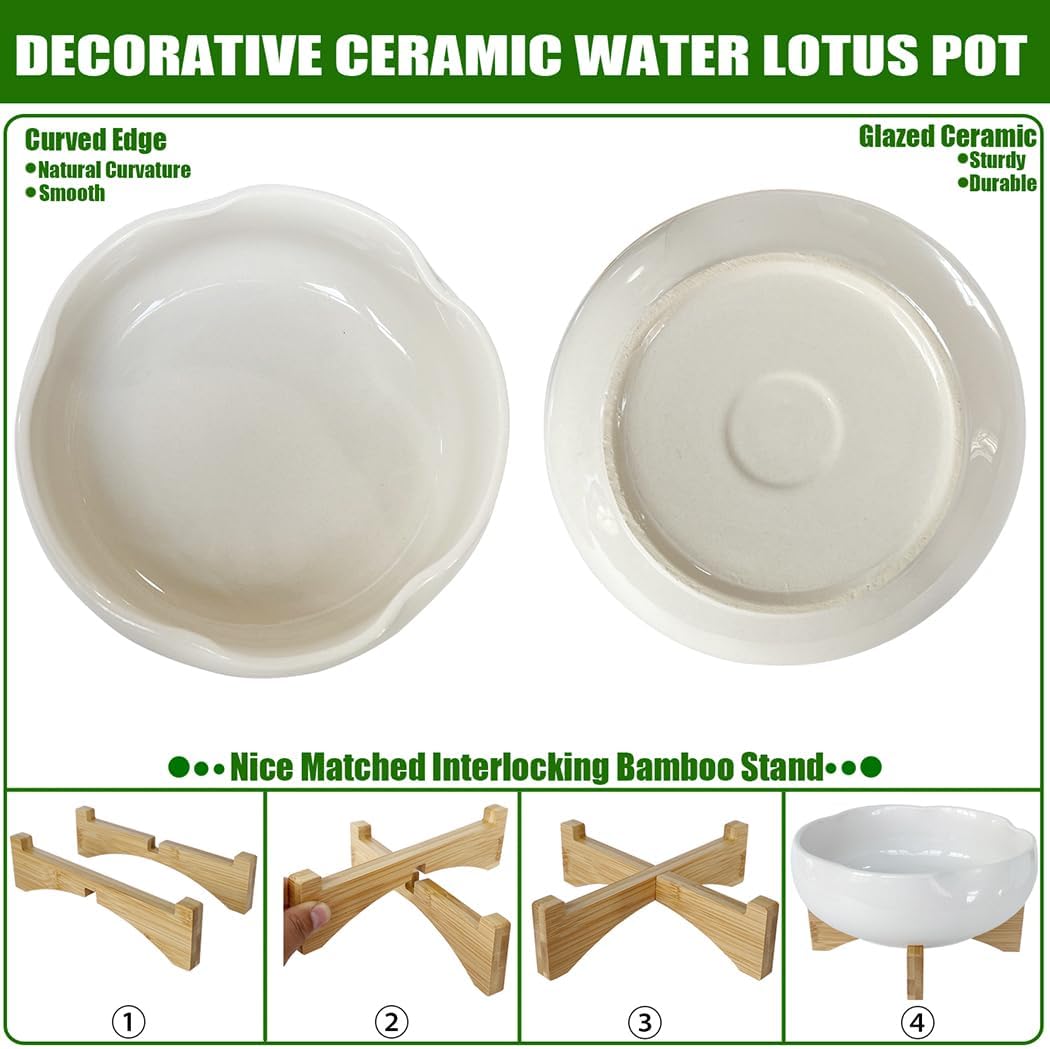 MUZHI White Ceramic Water Lotus Bowl Planter Pot with Bamboo Stand 7.8”, Lotus Shape Hydroponic Water Lily Flower Pot Planter No Drainage Hole