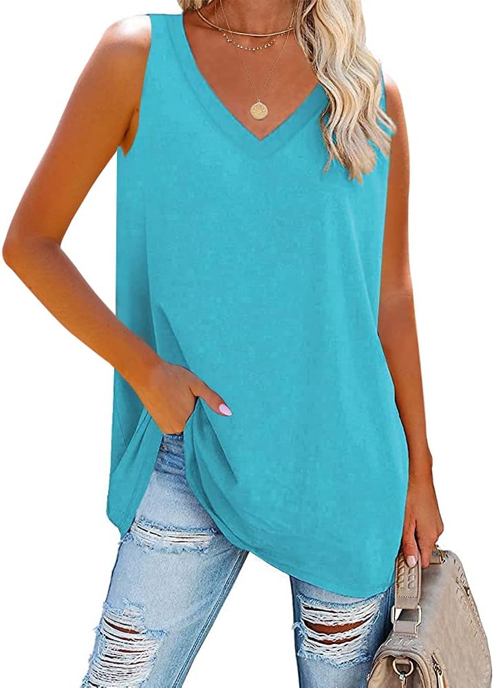 Fisoew Women Summer V Neck Long Tank Tops Oversized Sleeveless Basic Solid Color Shirts Loose Casual Tunic Tops