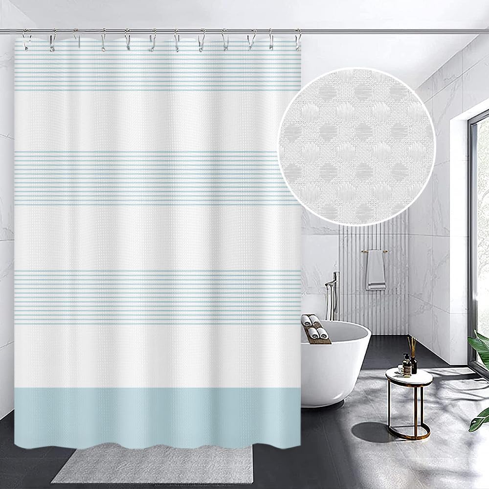 71x71 Inch Blue and White Striped Waffle Shower Curtain Ombre Nautical Splicing Stall Bath Curtain Rustic Farmhouse Neutral Bathtub Curtain for Kids Bathroom Waterproof Decor with Hooks - Image 2