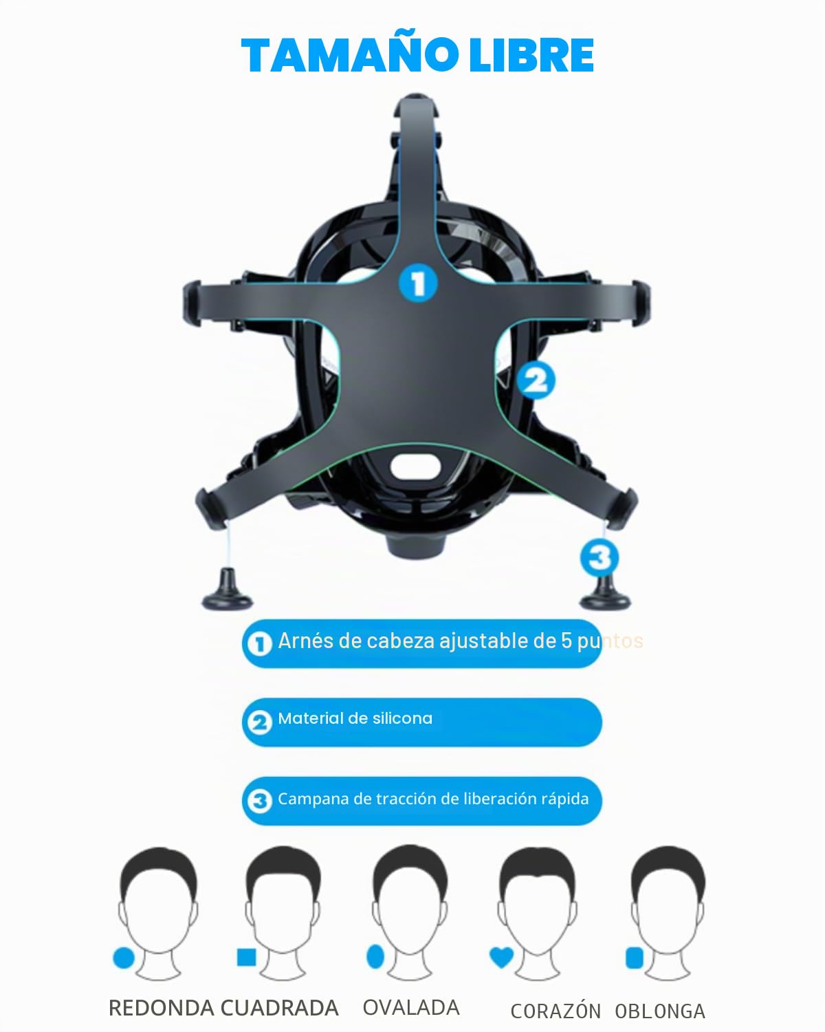 Máscara de buceo para adultos, cara completa con soporte para cámara, máscara de buceo ajustable MODJUEGO 180°, vista panorámica para adultos, antivaho, antifugas, juego superior seco
