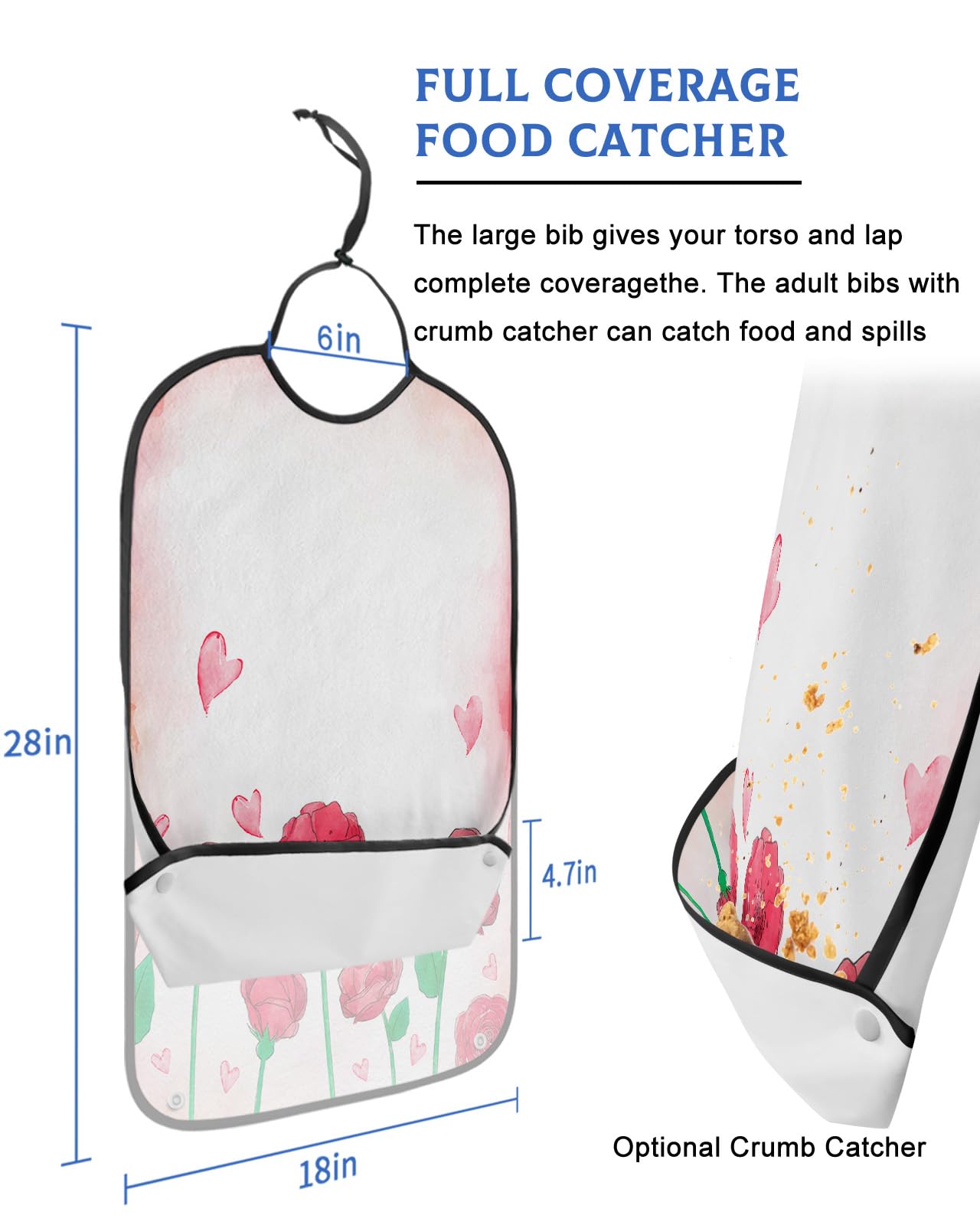 LEOKOTI Red Valentines Adult Bibs for Eating, Waterproof Bibs with Food Catcher & Adjustable Snap Closure, Watercolor Pink Love Heart Washable Clothing Protectors Adult Bibs for Elderly Women/Men
