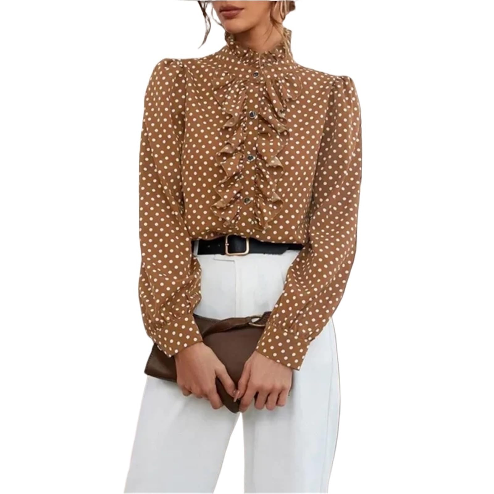Damen T Shirt Mit Punkten Frühling Vintage Polka Dot Print Elegantes Hemd Damen Tops Stehkragen Langarm Rüschen Patchwork Hemd