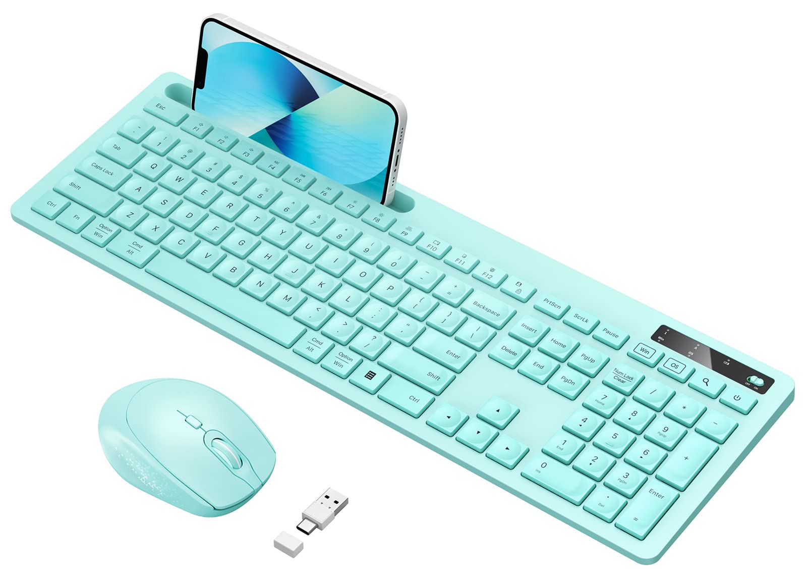 Wireless Keyboard and Mouse for MacBook, Vivefox Teal Wireless Keyboard with Phone Holder, USB A & Type C Receivr, Full-Size Combo for Mac, MacBook/Air/Pro Windows PC Computer, Mint Green