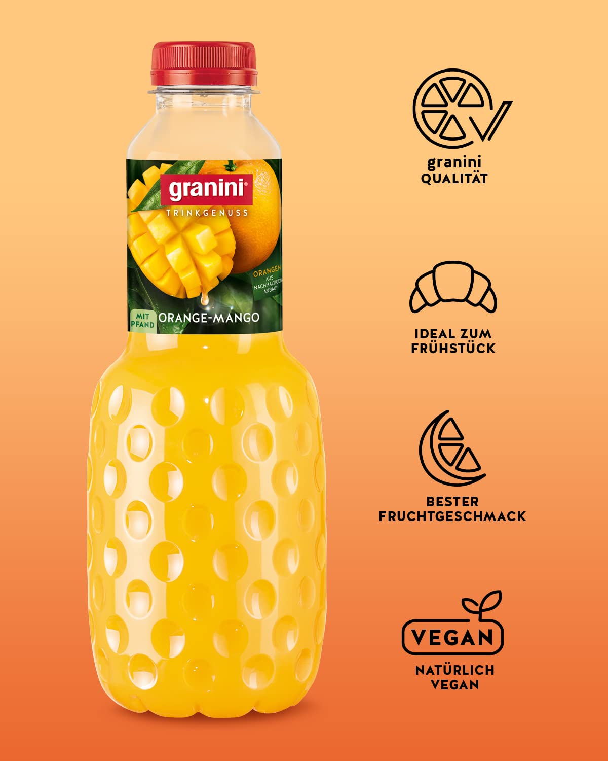 granini Trinkgenuss Orange-Mango (6 x 1l), 40% Frucht, Orange-Mango Fruchtsaftgetränk, vegan, natürlich, mit Pfand (Packung mit 3)