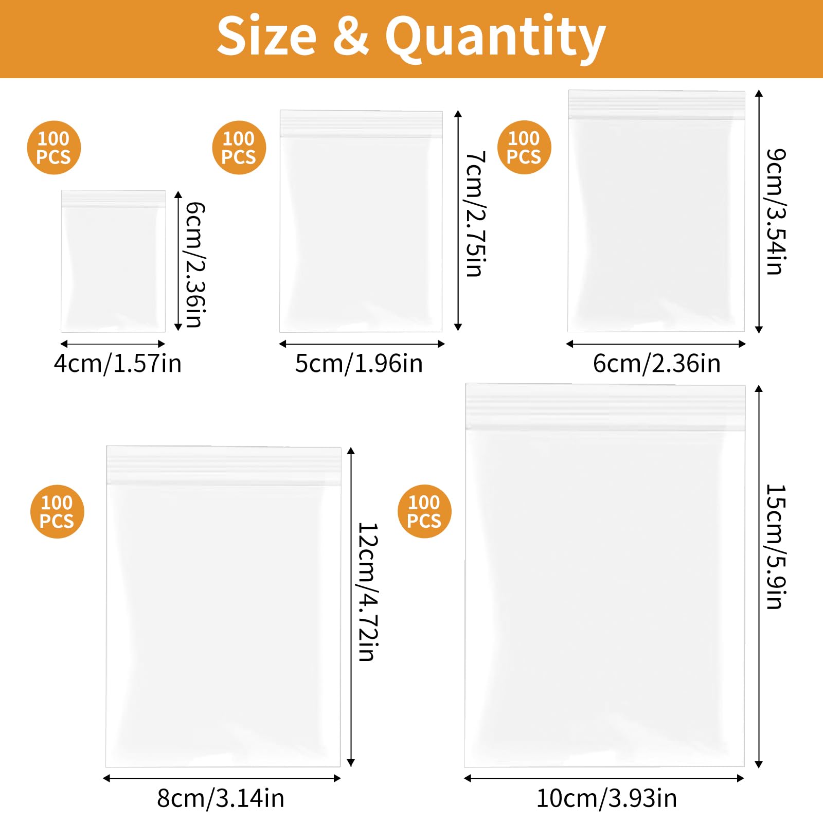 500Pcs Small Plastic Bags, 5 Assorted Sizes Sealable Clear Grip Seal Bags - Image 2