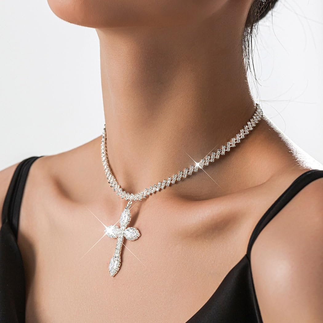 EARENT Rhinestone Cross Necklace Dainty Silver Crystal Necklace Chain Sparkly Easter Prom Neck Jewelry for Women - Image 4