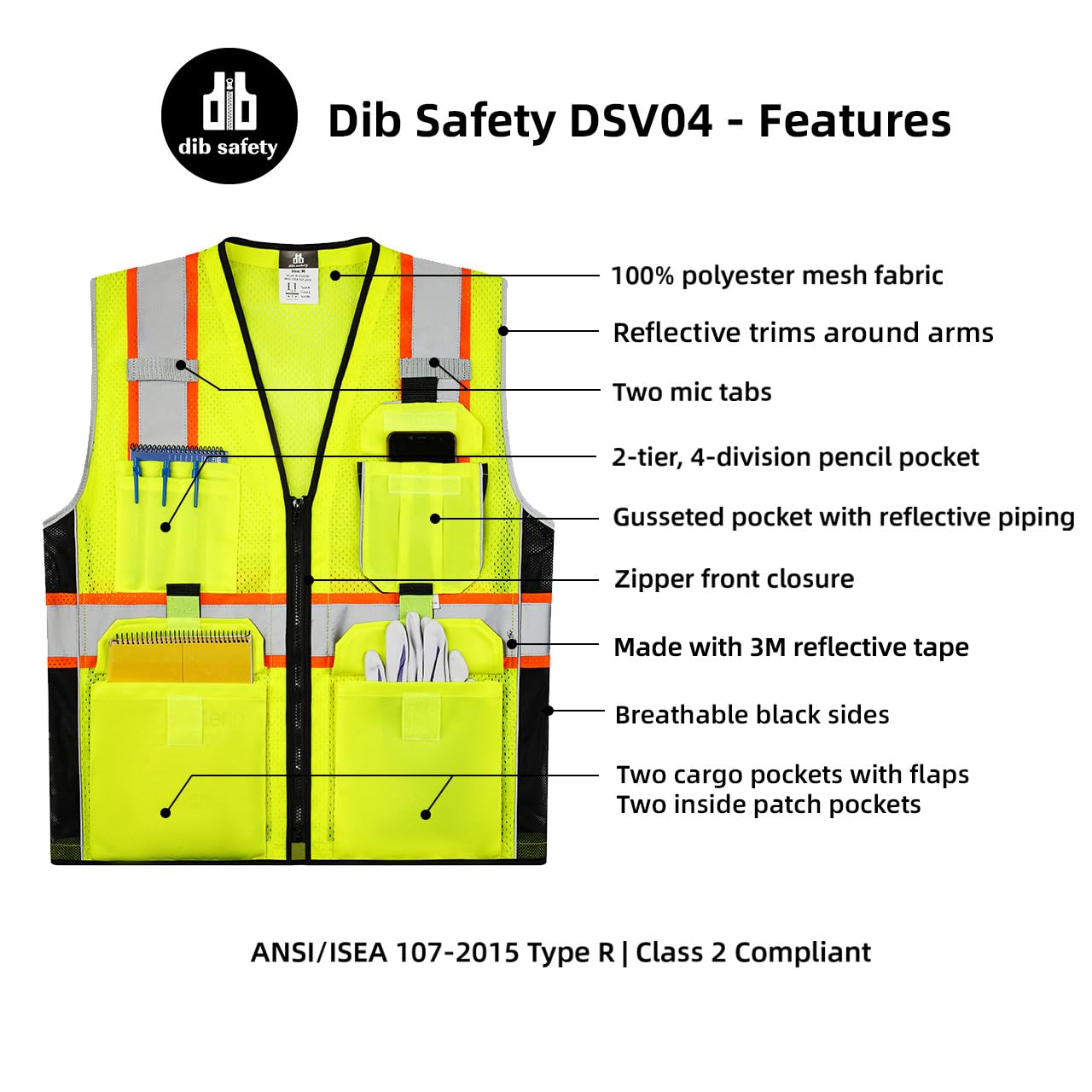 Dib Safety Chaleco reflectante con bolsillos de malla, cremallera con cinta adhesiva 3M.