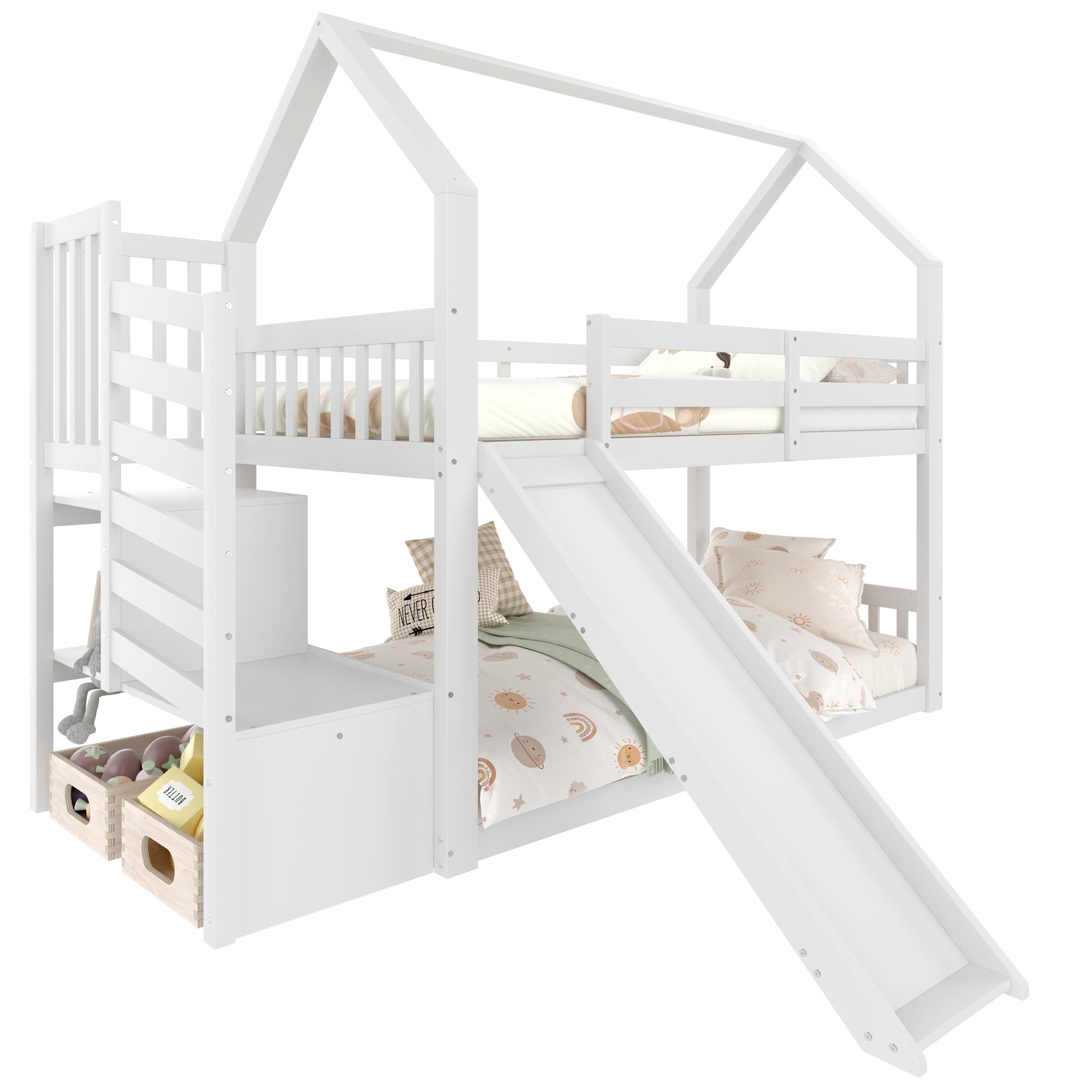 Hochbett Kinder mit Rutsche, 90 * 200+90 * 200 cm Hausbett mit Stauraumtreppe, Etagenbett für 2 Kinder, Stockbett, Jugendbett, Kinderhochbett, Doppelstockbett, Ohne Matratze, Weiß
