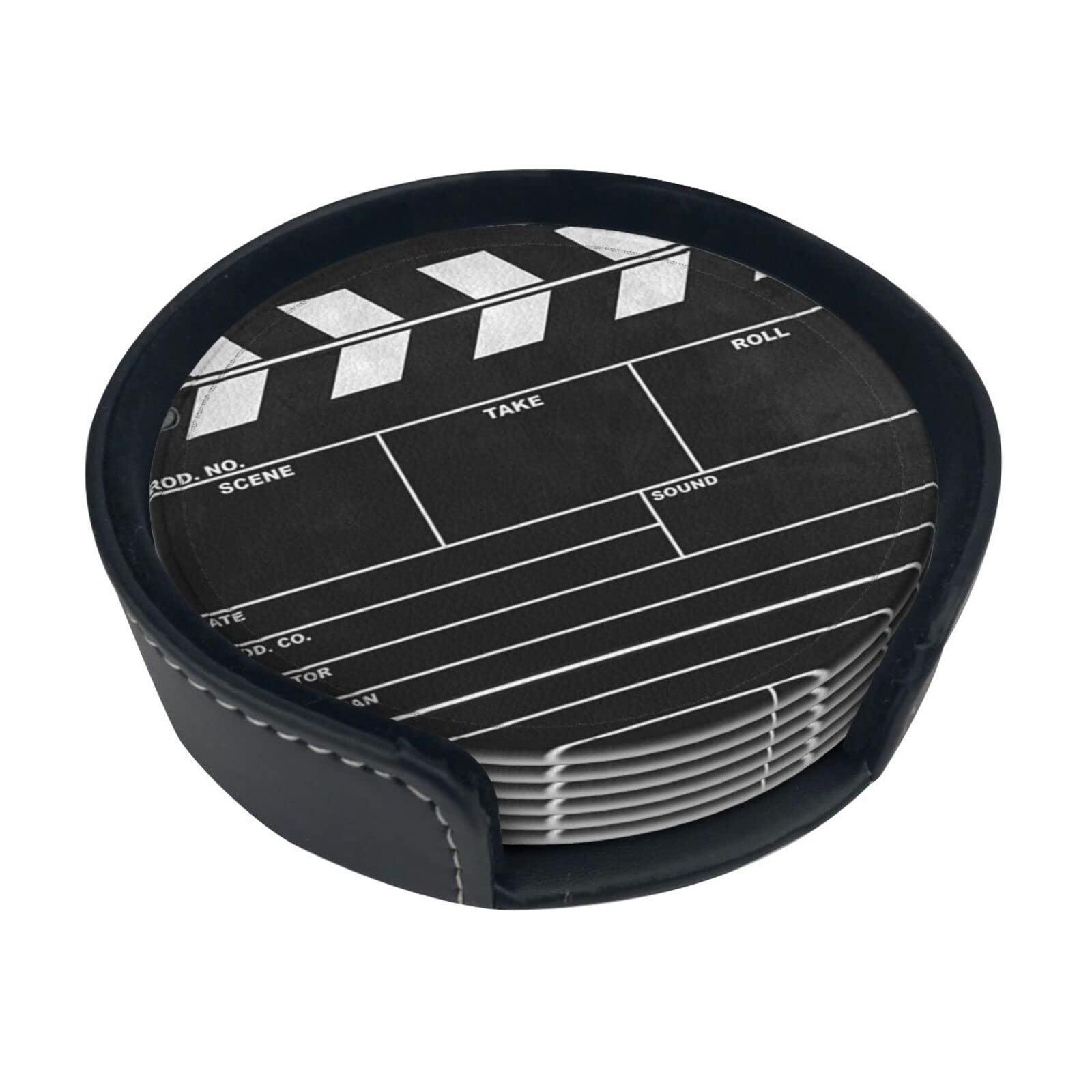 Coasters Set Of 6 Classic Movie Clapboard Black Print Leather Coasters For Drinks,Home Décor And Housewarming Gift