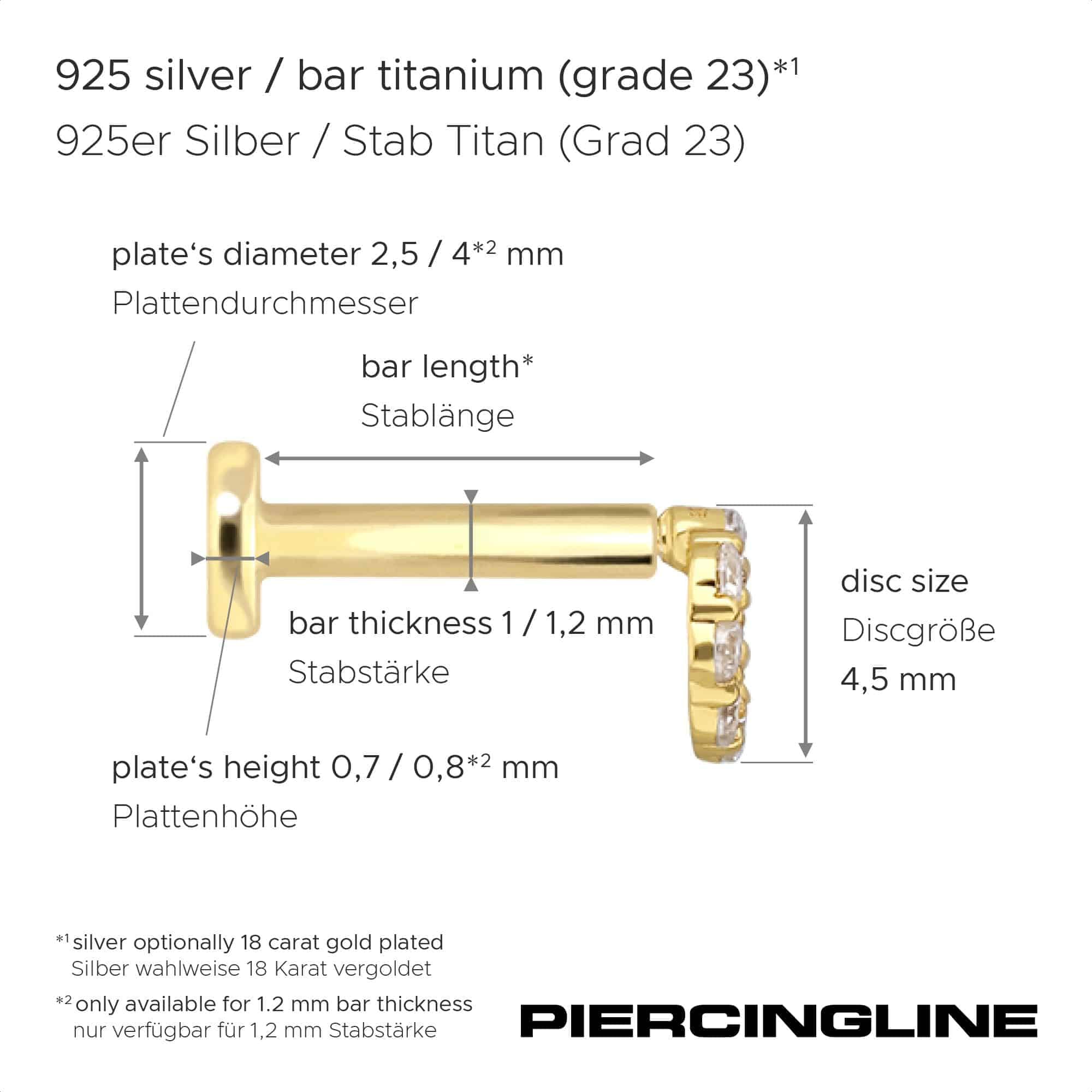 PIERCINGLINE Piercing Stecker Titan Labret mit Innengewinde + 925er Silber Aufsatz MOISSANIT-KREIS - Goldfarben, Silberfarben