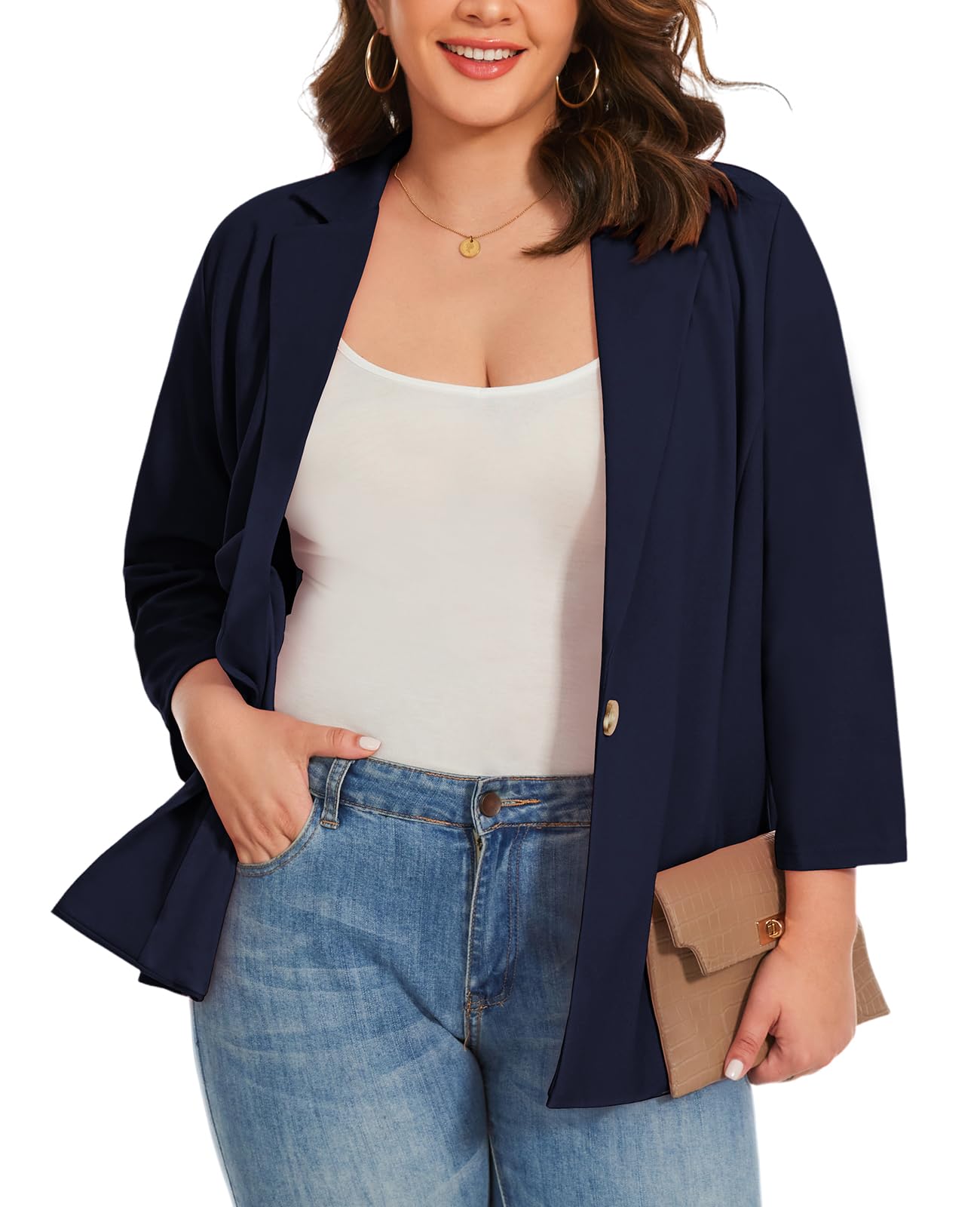 XL-5XL Blazer à manches 3/4 grande taille Blazer à revers cranté Veste semi-doublée pour femme Costumes et blazers à un bouton avec poches intégrées Veste de jour comme de nuit
