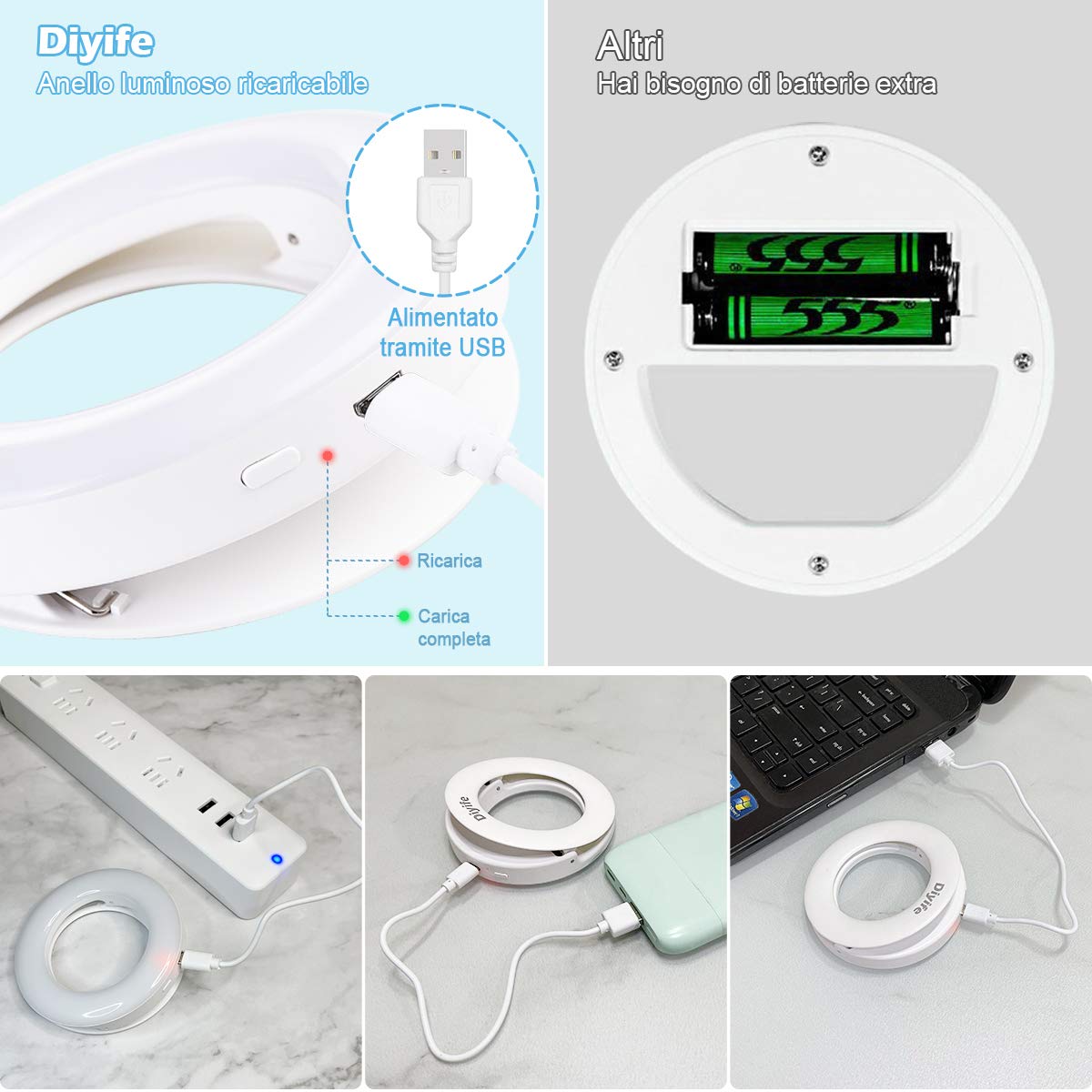 Diyife Selfie Ring Light Ricaricabile 3 Livelli Luminosità 40 LED con Clip per Telefono YouTube Facebook Live Stream