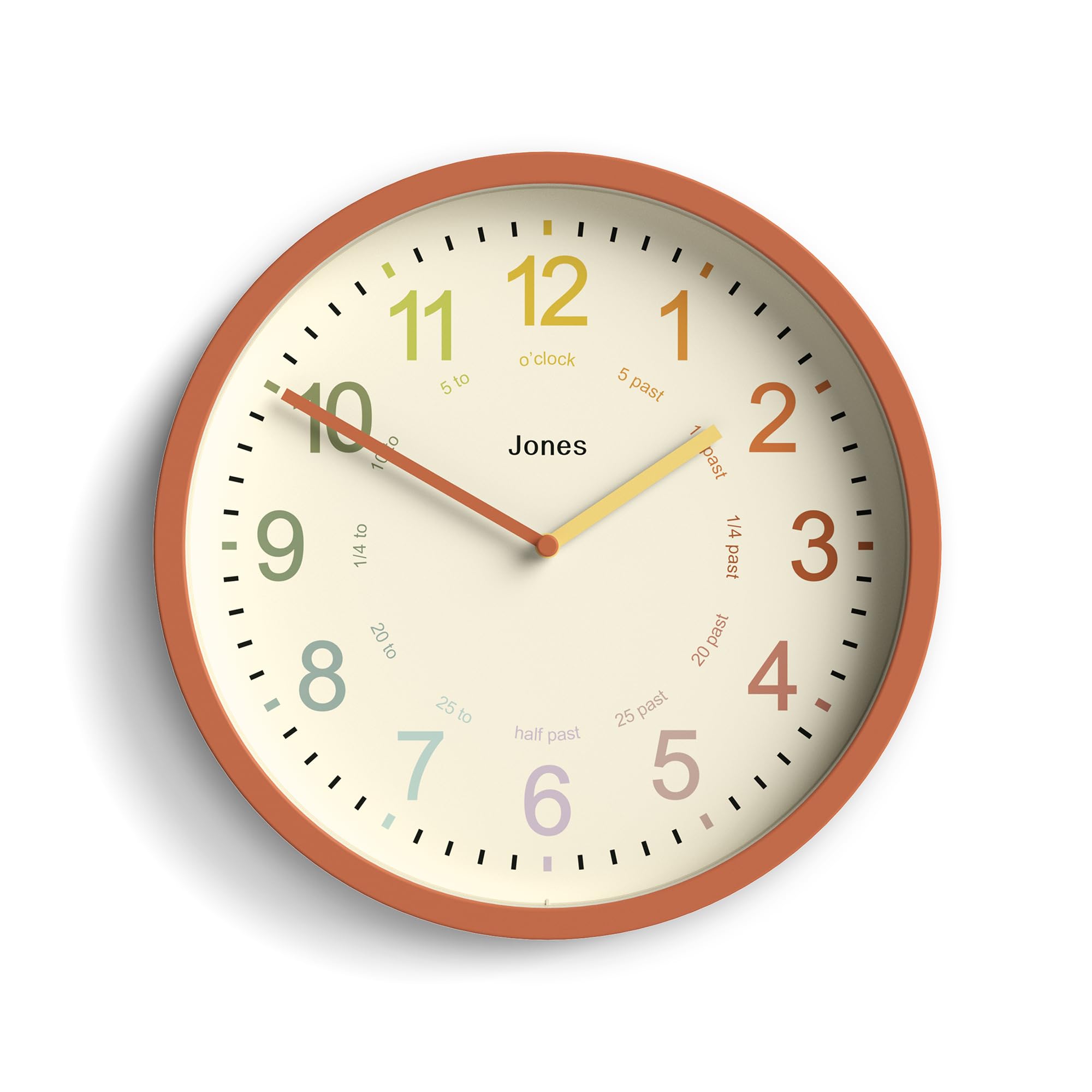 Jones Clocks® Kids wall clock, Terracotta Orange, 25cm x 25cm x 4cm
