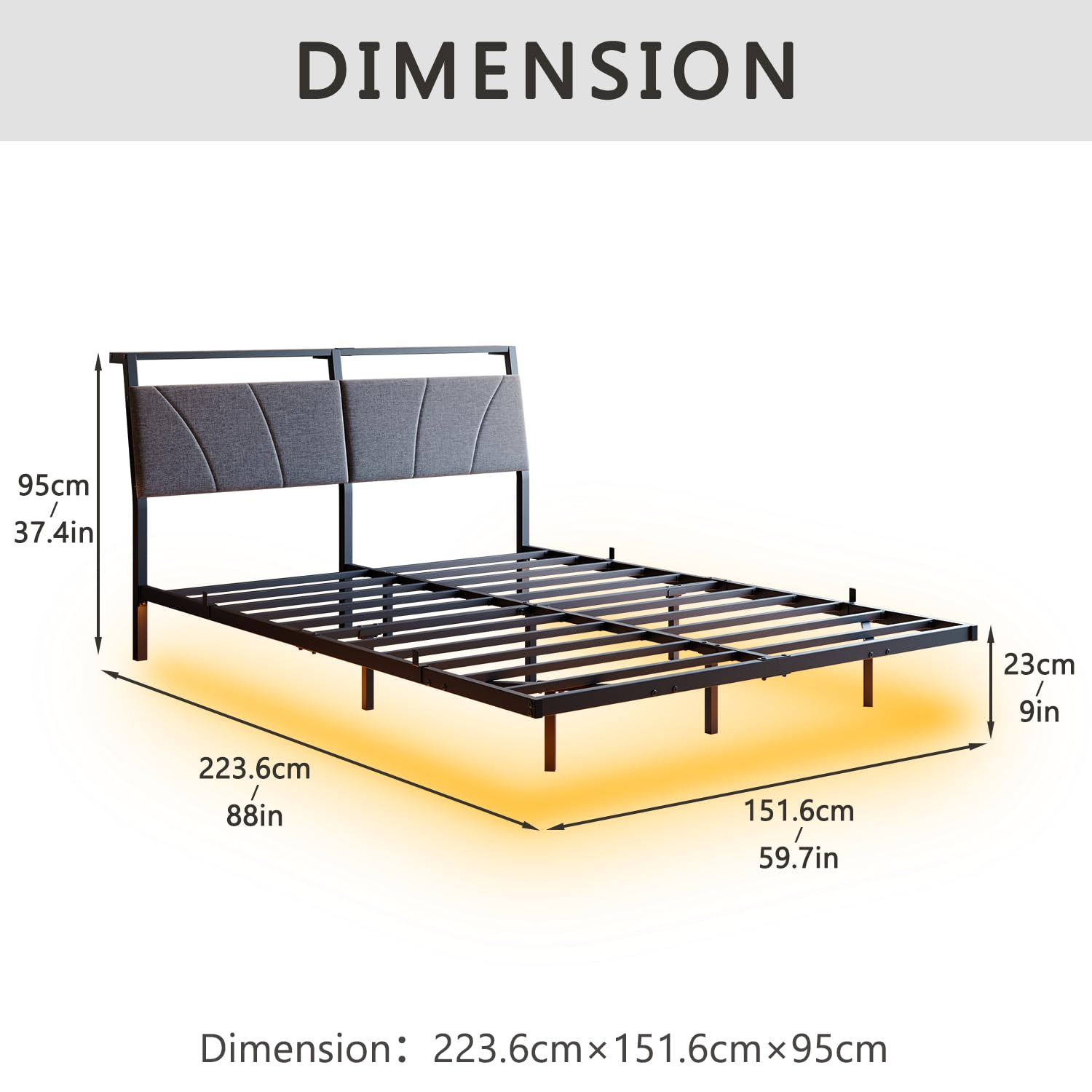 HOJINLINERO Bettgestell 140x200cm Bett mit LED Ladestation & Beleuchtung,Metallbett 140x200 mit Stauraum,Bettrahmen mit Lattenrost,Schwebender visueller Effekt