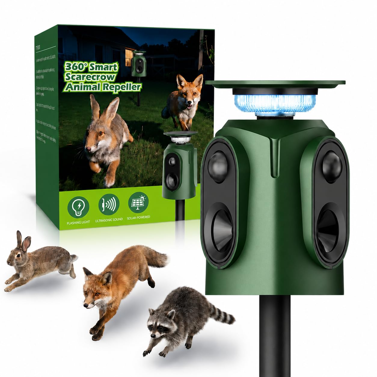 Solar Ultrasonic Animal Repellent, Vistroll 360°Cat Repellent for Gardens UK, Cat Deterrent with Motion Sensor & Flash 5 Adjustment Modes for Dog, Fox, Bird
