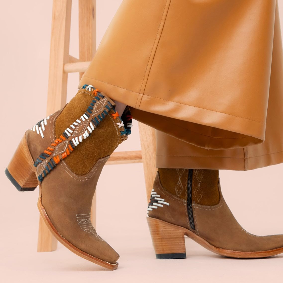 Old Gringo Sedona Western Ankle Boots, Tan Leather with Blue Orange Tribal Accents, 6-Inch Shaft, Pointed Toe, 2.5-Inch Stacked Heel, Side Zipper