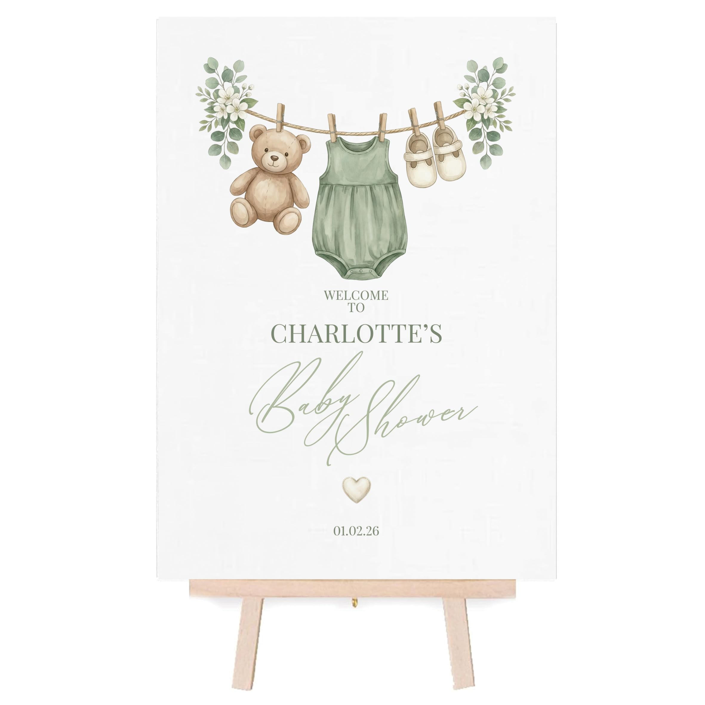 Personalised Baby Shower Welcome Sign/Poster - Boho Nursery Theme - (Green, A3 Poster with Easel)