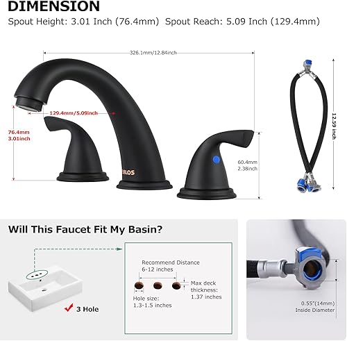 Miniatura 5 de PARLOS Grifo de lavabo de baño de 2 manijas de 8 pulgadas extendido 3 agujeros para montaje en cubierta, cromado, 1435001D