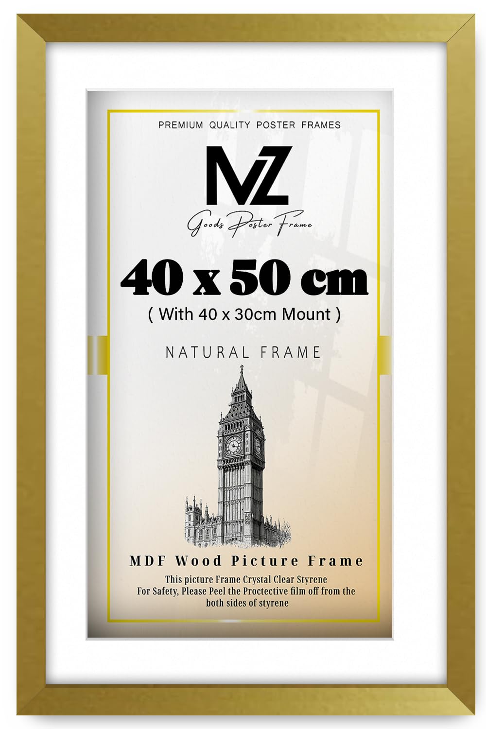 MZ GOODS | MDF Premium Decorative Frame (40 x 50 cm) With (15.74 x 11.81 Inch) White Mount Wall Display | 16 Inch x 20 Inch Artwork, Poster, Award, Home Frame [ Gold ] — image 1