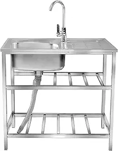 Outdoor Utility Sink,Free Standing Stainless Steel Laundry Tub, Single Bowl Portable Washing Hand Basin Station,with Cleaning Table&Storage Shelves for Garage, Restaurant, Kitchen,Camping, Backyard(Do
