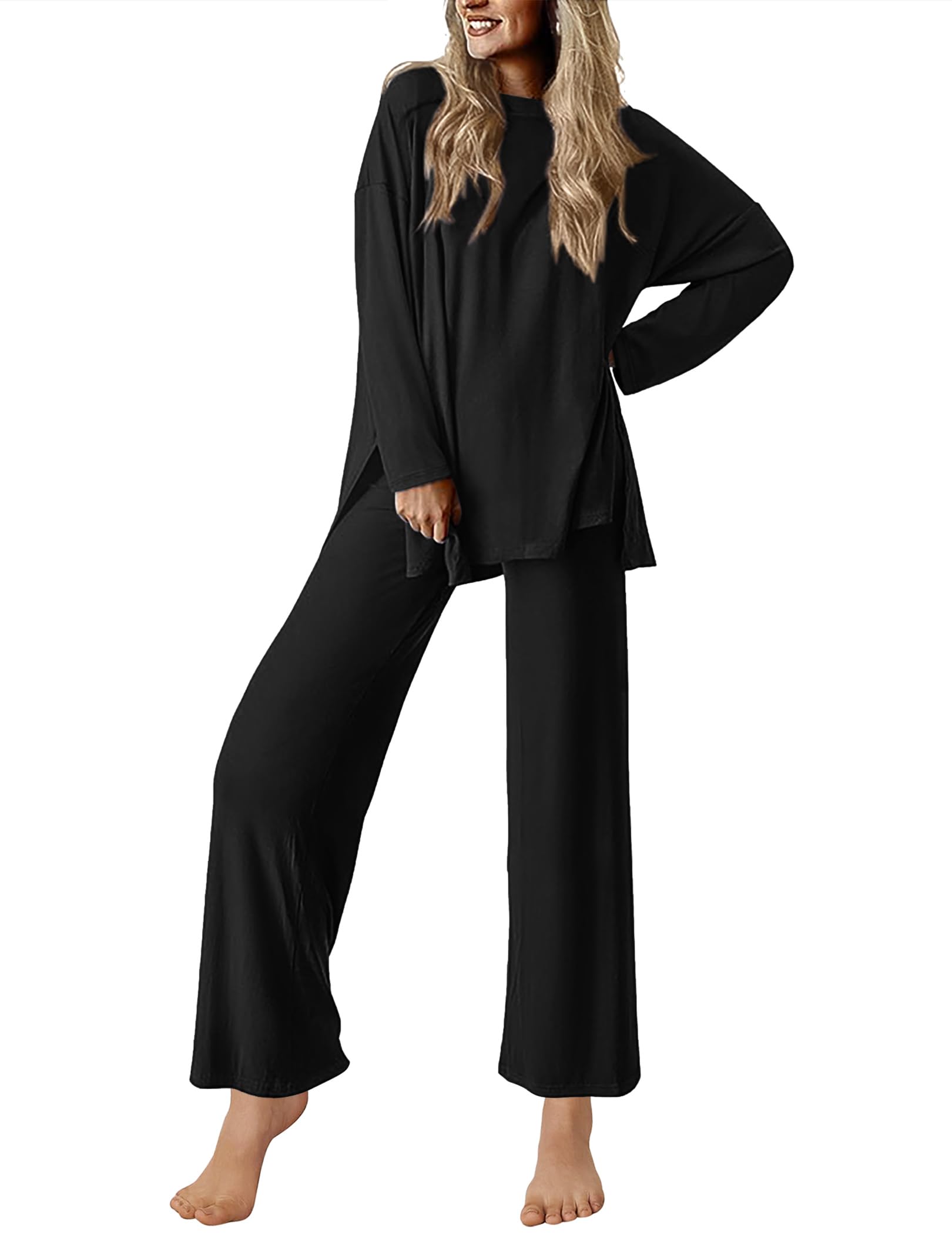 Ekouaer Lounge Sets for Women Long Sleeve Pajamas 2026 Loungewear Soft Comfy Pjs Two Piece Travel Outfits Set