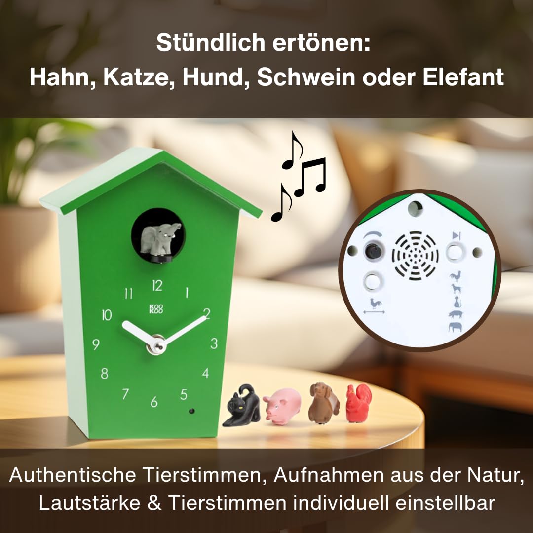 KOOKOO AnimalHouse Grün, Moderne kleine Kuckucksuhr mit 5 Bauernhoftieren, Aufnahmen aus der Natur. Hat EIN freundliches und modernes Design.