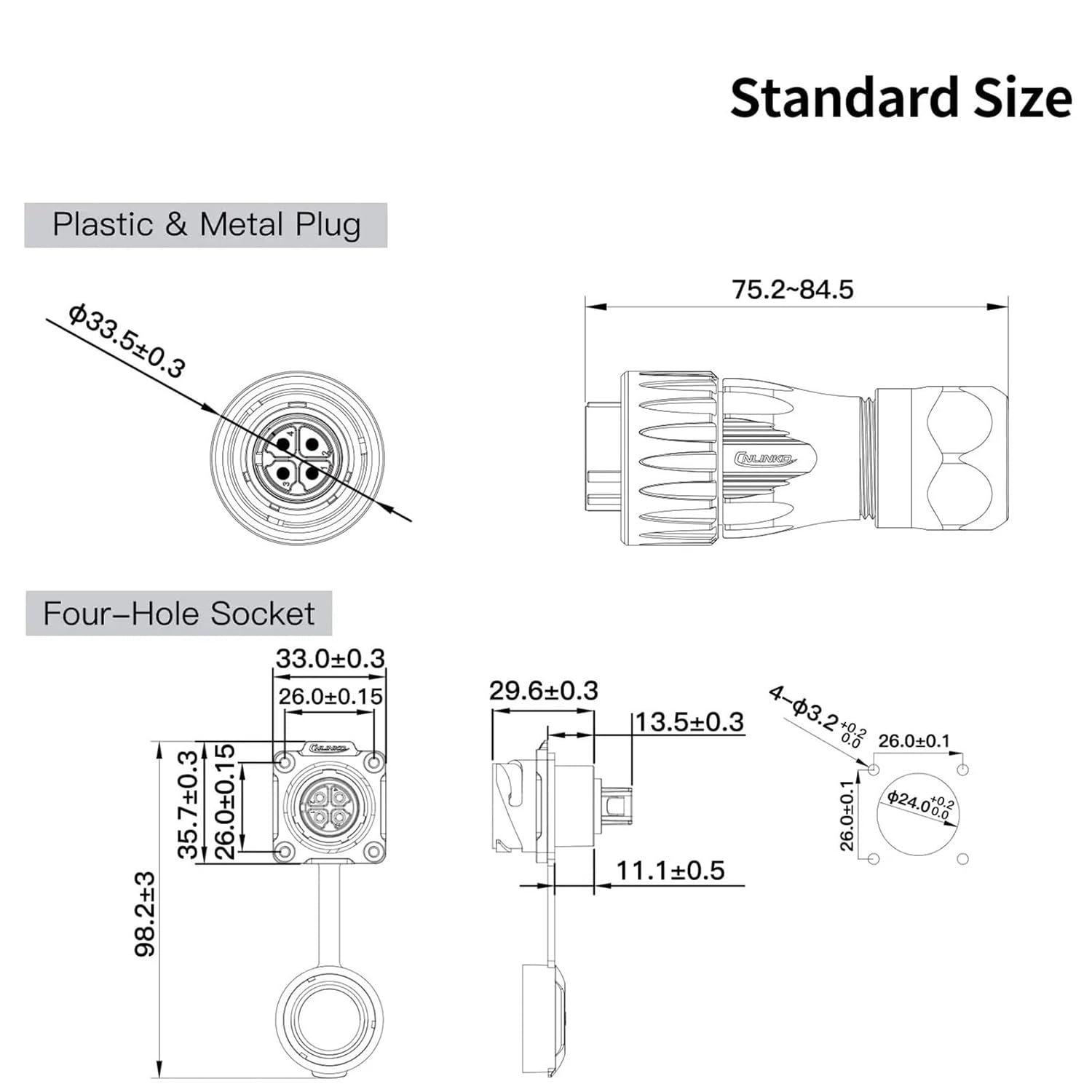 1Pcs M24 300V Waterproof Connector 3 Pin 4 Pin E-Bike Charging Power Panel Socket Electrical Cable(Socket E ONLY,4P)