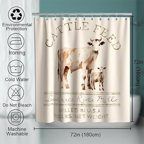 Miniatura 4 de Final Friday Juego de cortinas de ducha de tela rústica con diseño abstracto de animales y vacas, decoración de baño con ganchos, impermeable,