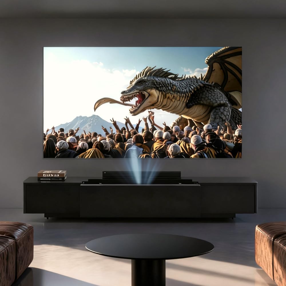 126" Ultra Short Throw Projector TV Cabinet, Mid-Century Modern Electric TV Stand with Linkage Memory Function and Ample Storage Space, Entertainment Center for Living Room, Walnut Color